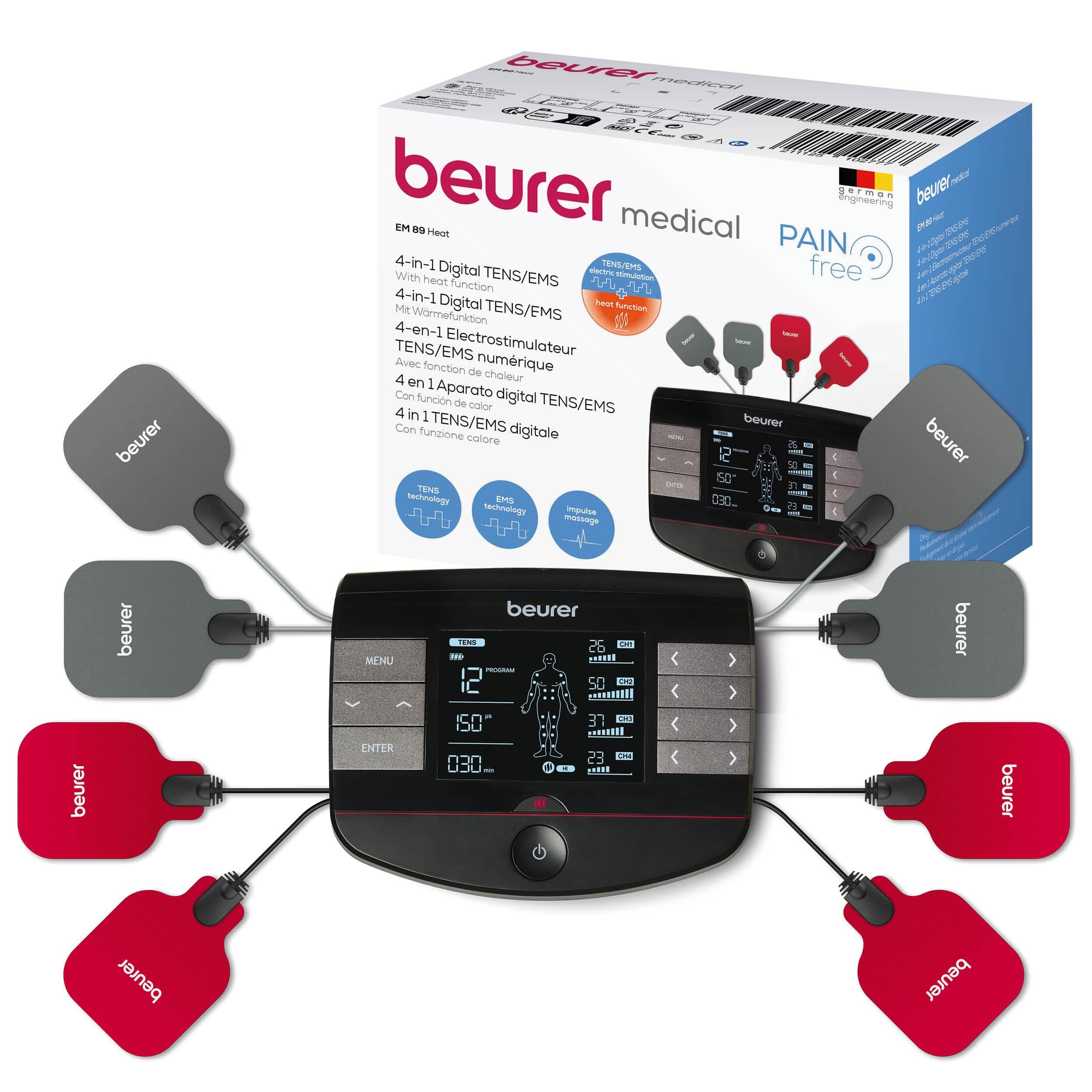 Beurer EM 89 Électrostimulateur musculaire TENS, EMS numérique avec fonction chauffante, fonction 4-en-1 pour le traitement de la douleur, la stimulation musculaire