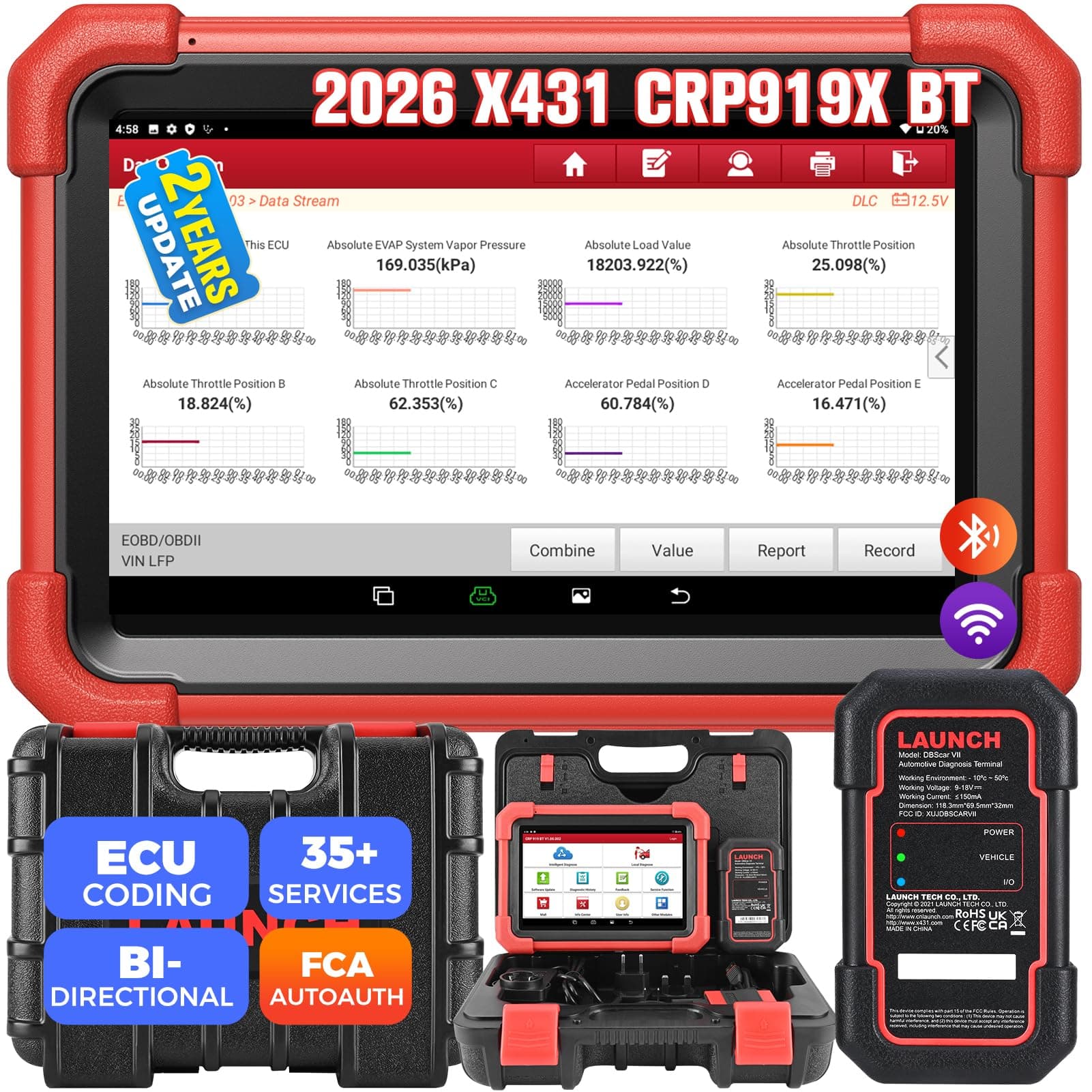 Launch X431 CRP919X BT OBD2 Herramienta de Escaneo Bidireccional Inalámbrica, Codificación ECU, 38+ Servicio, Todos los Escáneres de Diagnóstico de Sistemas, FCA AutoAuth, V.A.G Guided
