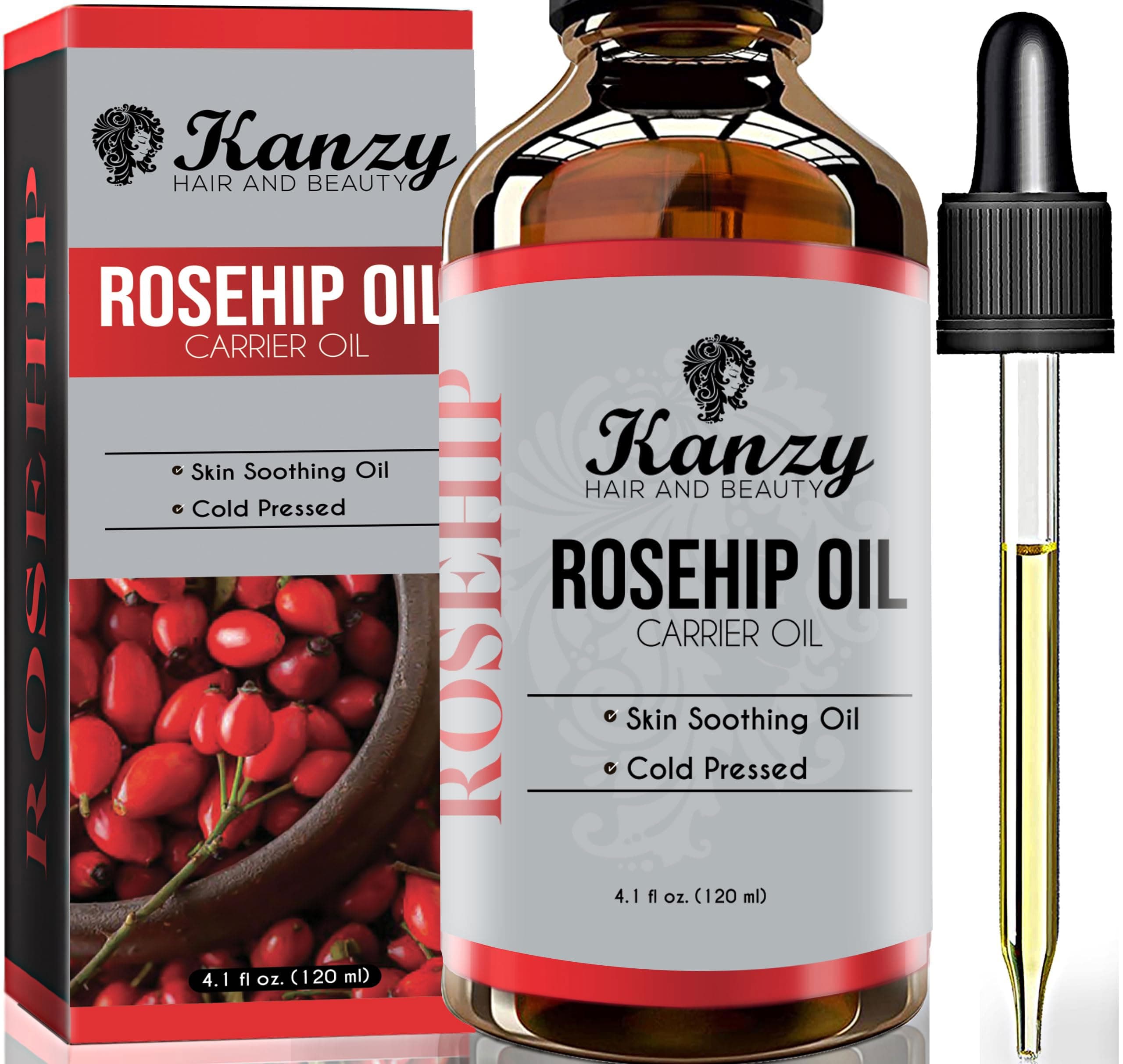 Kanzy Aceite de Rosa Mosqueta 120ml Prensado en Frío sin Refinar Rosa Mosqueta para Cicatrices y Estrías, usado como Hidratante para Cuerpo y Piel