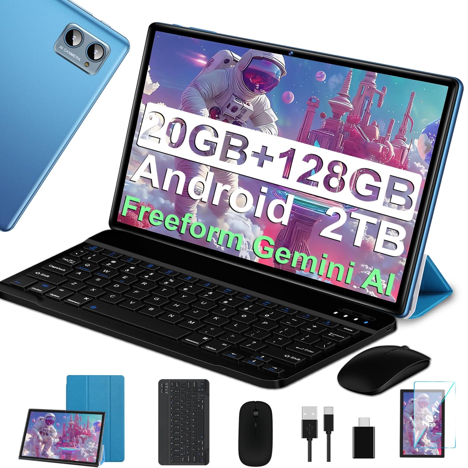 2026 Tablette 10 Pouces Android Octa Core avec 20Go RAM + 128Go ROM (2To TF) | 5G + 2.4G WiFi | FHD | GMS | Bluetooth 5.0 | 8MP + 5MP | Type C, Tablette Tactile avec étui, Clavier et Souris -Blu