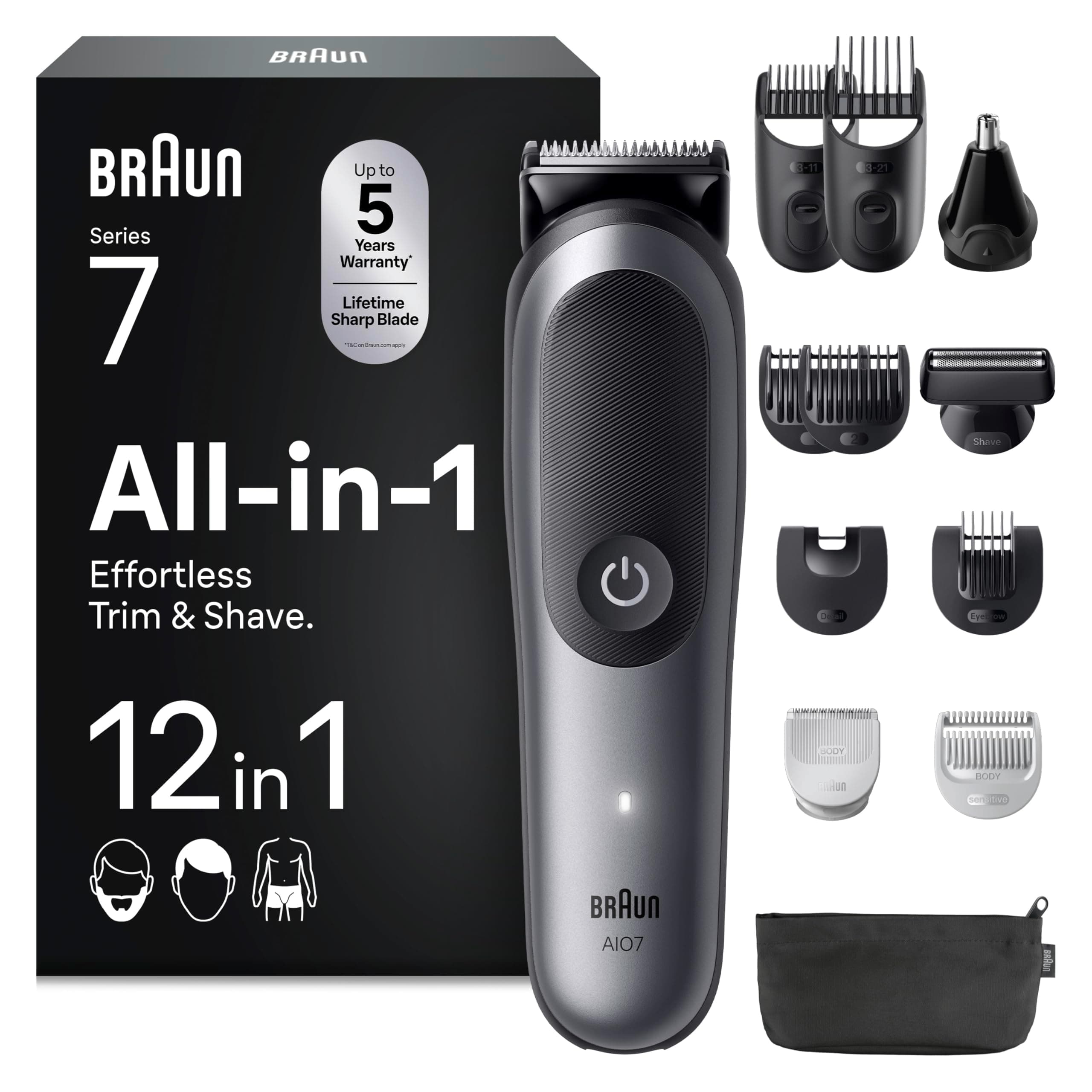 Braun All-in-One Series 7, 12-in-1 Multigroom, Barttrimmer, Nasenhaartrimmer, Haarschneidemaschine für Gesicht, Kopf und Körper, 120 Min Akku, 14 Längen (0.1–21 mm), Wasserdicht, AIO7545, Grau