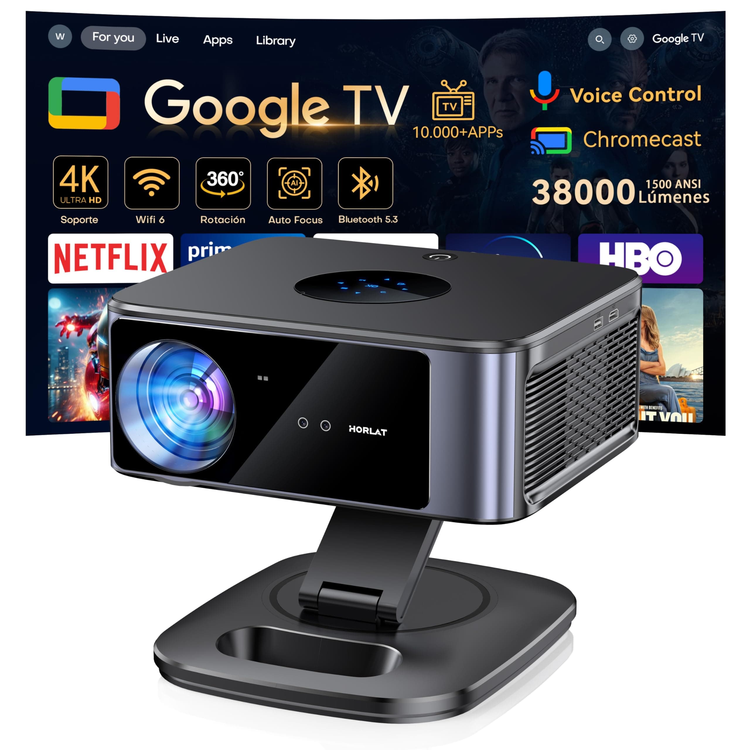 Proyector 4K【1500 ANSI/Google TV/Netflix Oficial】 Horlat 38000Lúmenes Proyector Portatil, Gira 360 °,Full HD 1080P Nativo, WiFi6 &Bluetooth 5.3, Control de Voz Projector en Casa/Exterior