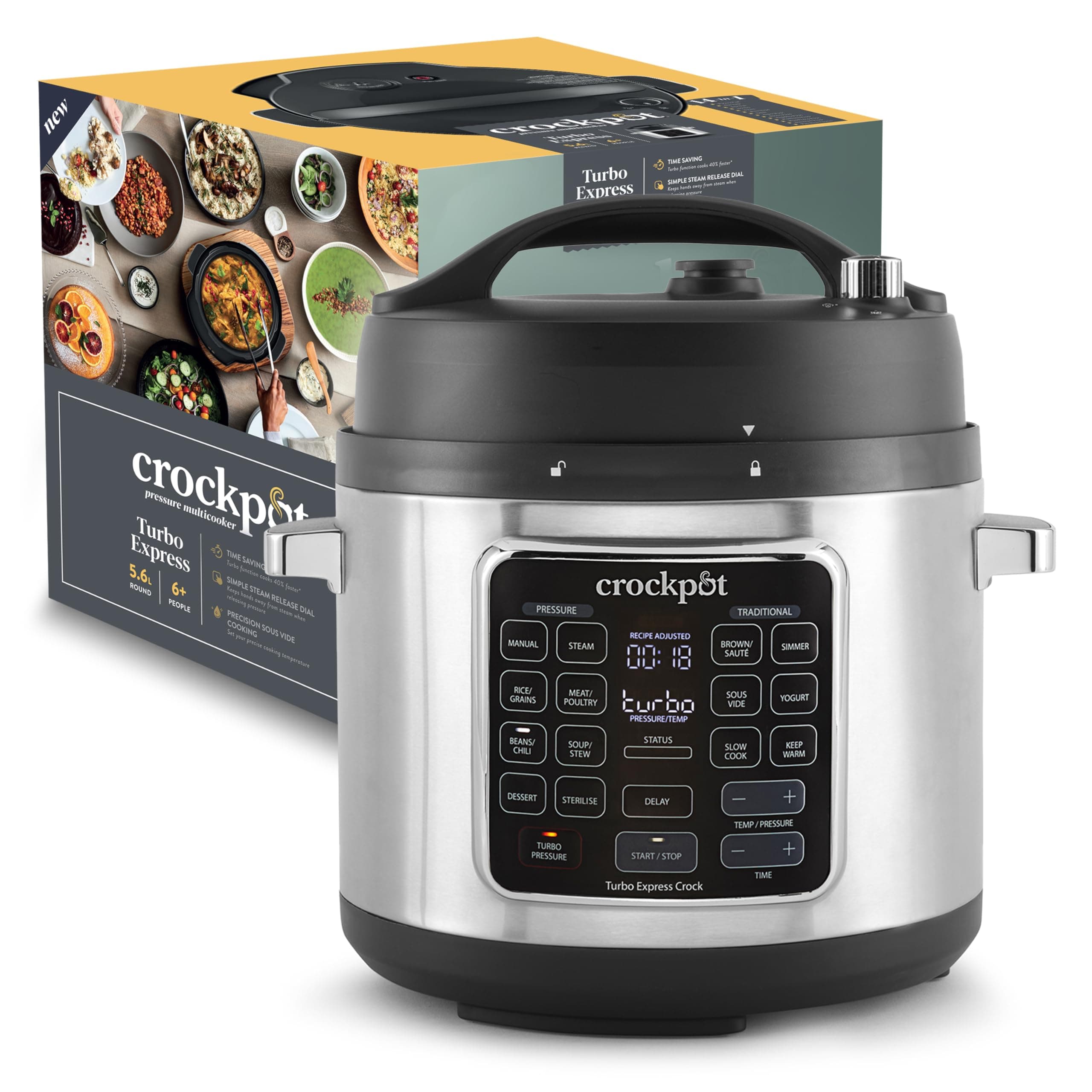 Crock-Pot Turbo Express olla a presión y olla multifunción | 5,6 L (Más de 6 Personas) | Opciones de Cocción 14 en 1 | Olla de Cocción Lenta, Vaporera, Olla a Presión y Más | CSC062X