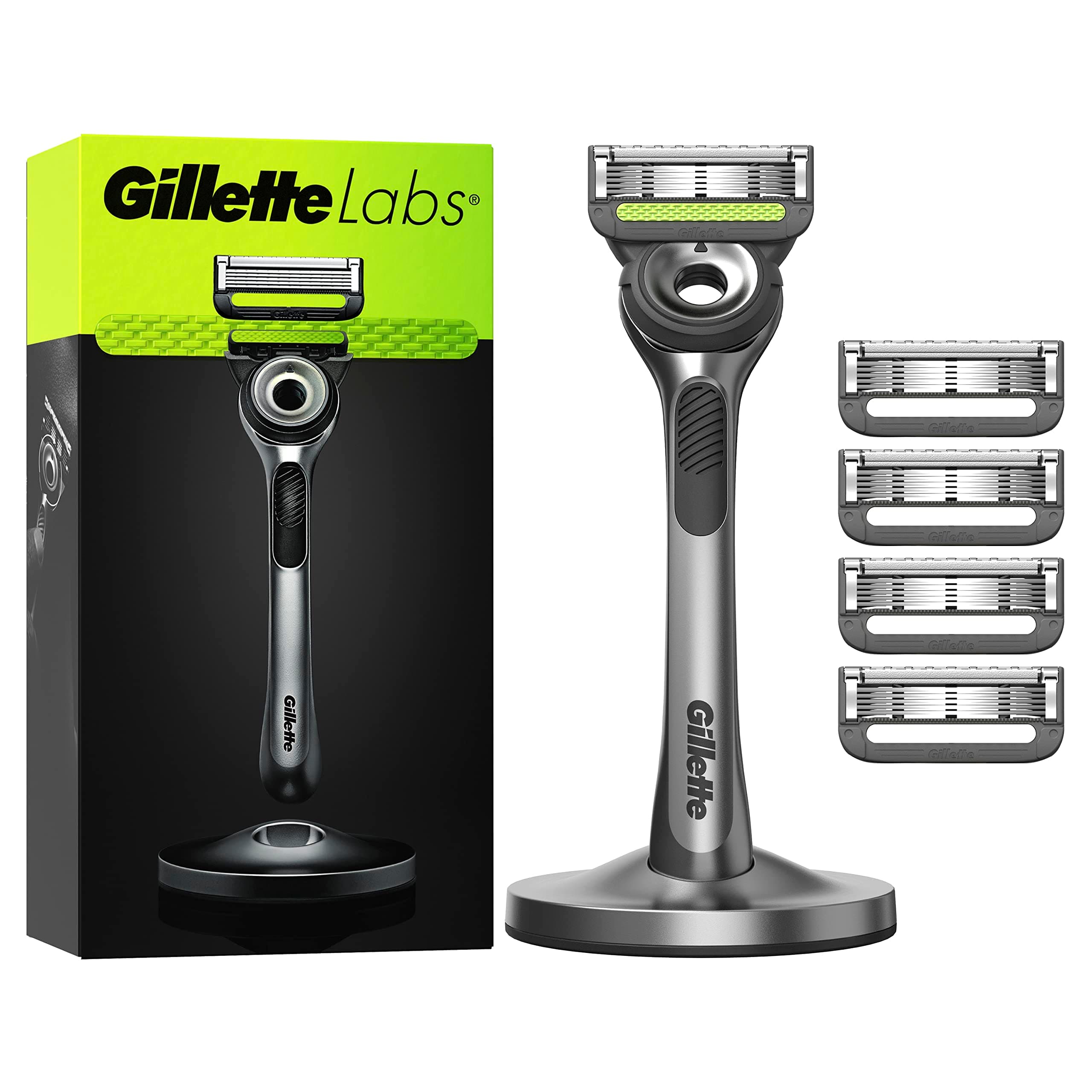 Gillette Labs Rasoio Barba Manuale Con Barra Integrata, 1 Manico, 5 Lamette Gillette di Ricambio, Con Base Magnetica, Grigio, Rasoio Barba e Lamette Di Ricambio