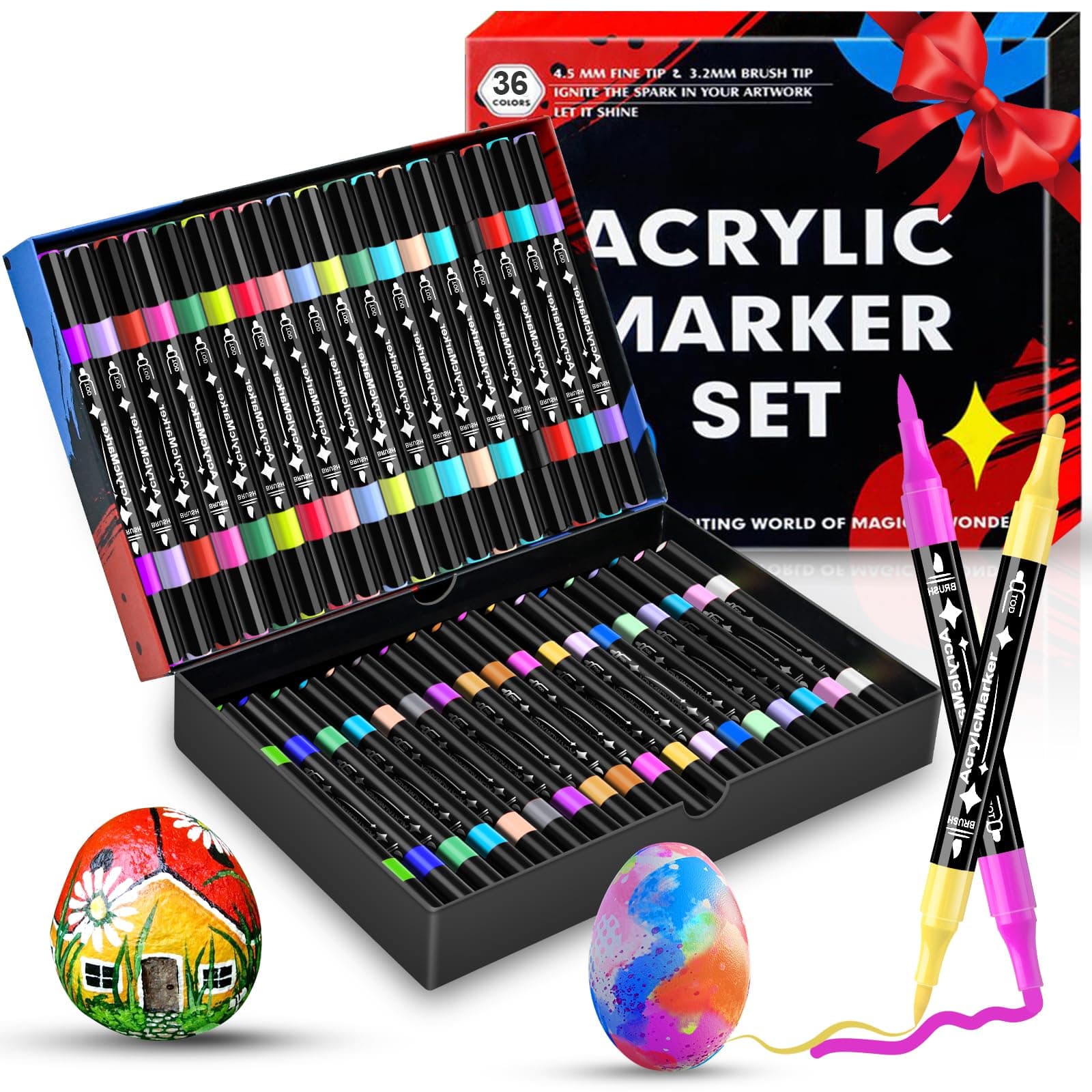 Dictien 36 Rotuladores (36 Colores) Rotuladores Acrilicos, Doble Punta,Rotuladore Permanentes de Colores,Cerámica, Vidrio, Madera, Tela, Lienzo y Metal. a Base de Agua, Secado Rápido
