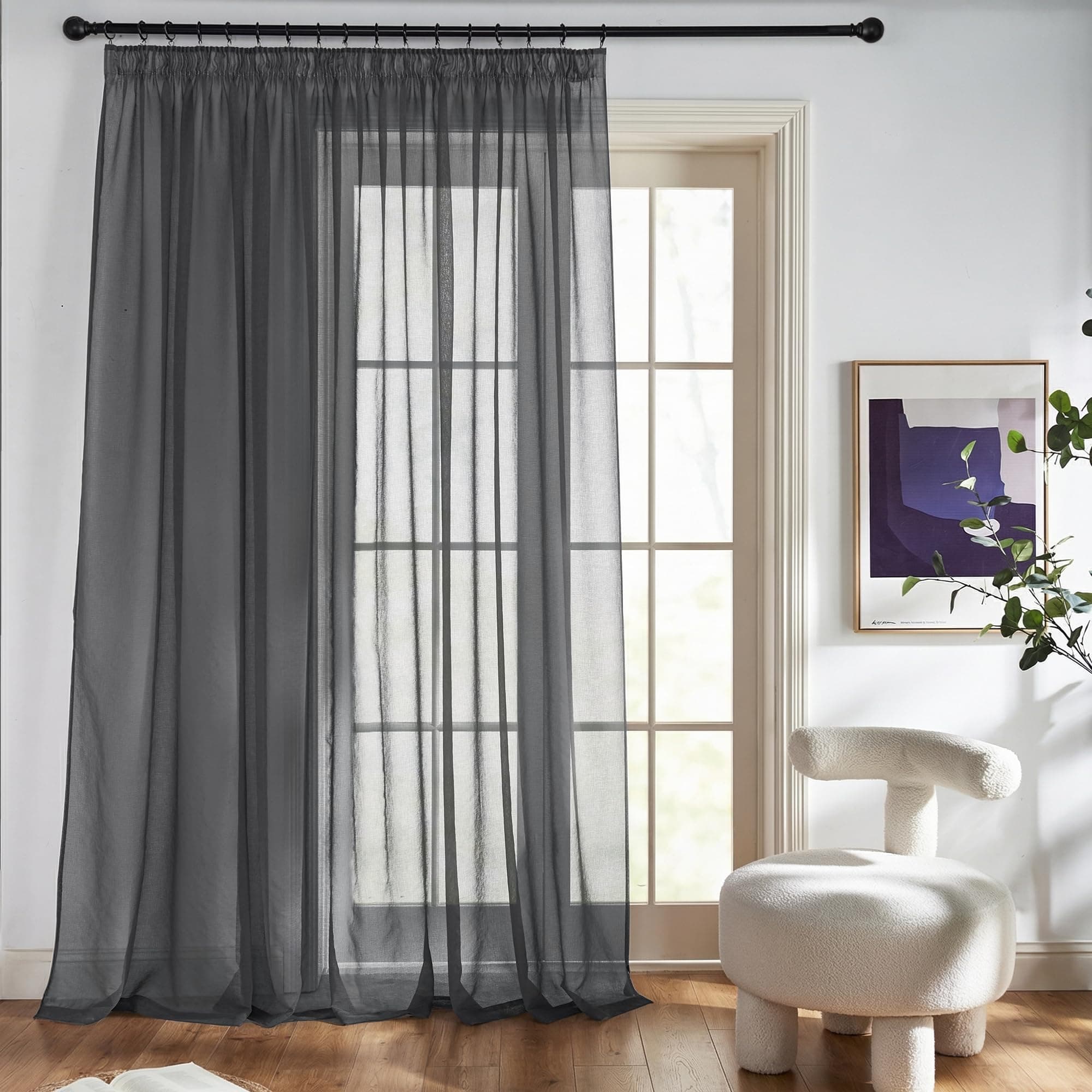 PONY DANCE Extra Breite Vorhänge 300 cm Breit für Schienensystem Wohnzimmer Vorhang Durchsichtig Voile Gardinen Transparent mit Kräuselband 1er Set H 245 x B 300 cm Dunkelgrau