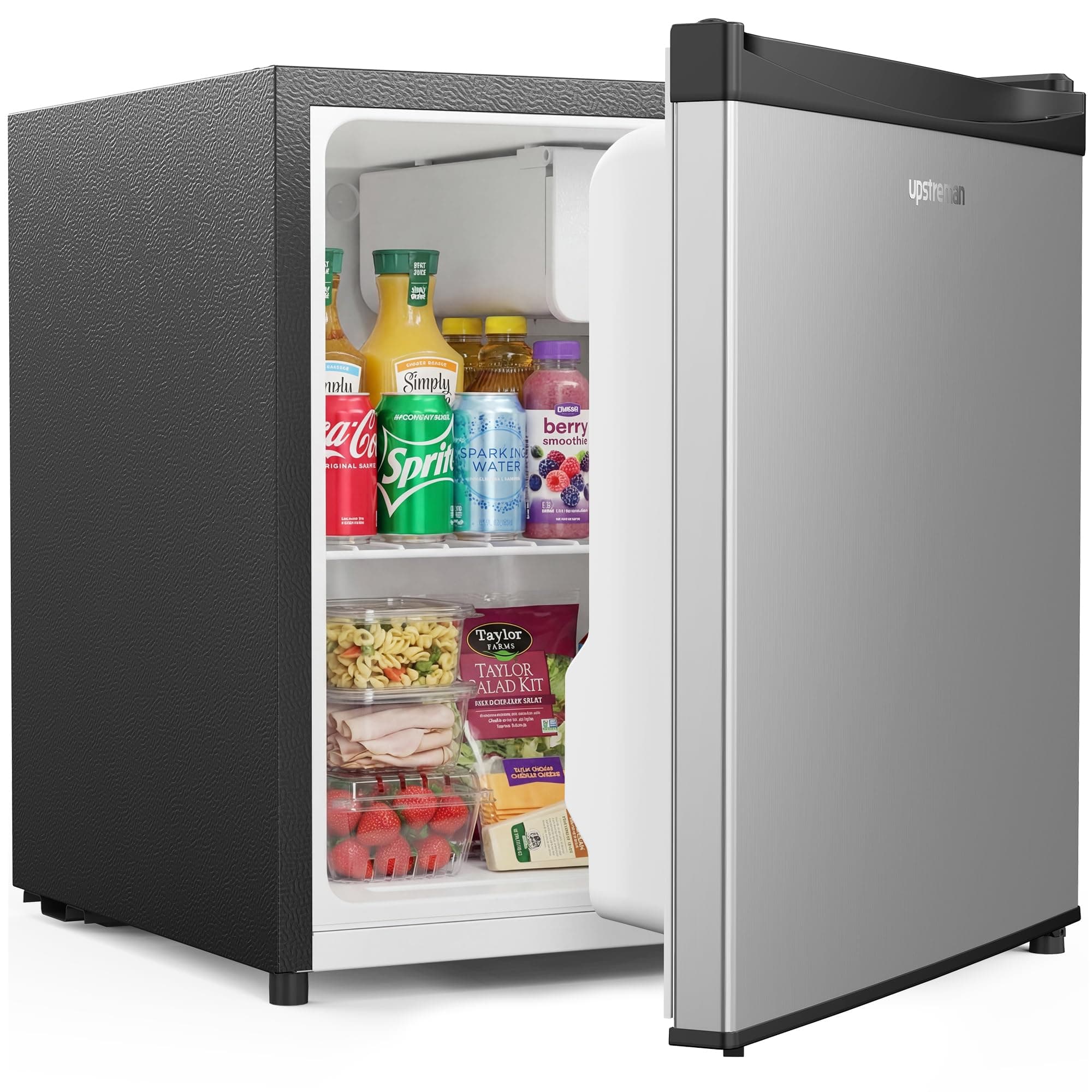 Upstreman Mini Nevera 46L, Mini Frigorífico, Eficiencia, Silencioso Nevera Pequeña, 5 Niveles de Temperatura Ajustable, Compacto para Oficina, Dormitorio o Cocina, Mini Bar Acero inoxidable FR17