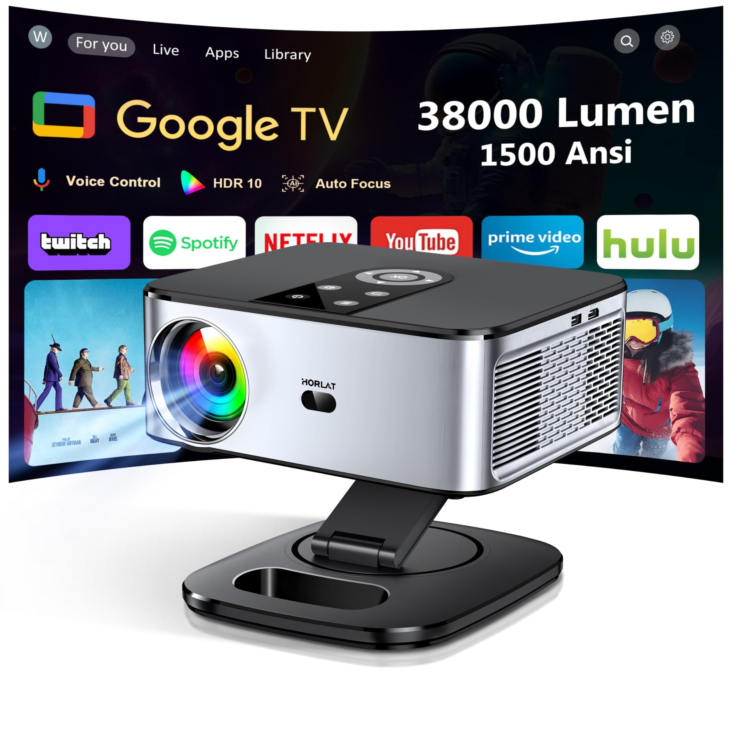 Proyector 4K【1500 ANSI/Google TV/Netflix Oficial】Horlat Proyector 38000Lúmenes Full HD 1080P Nativo,Auto Enfoque,Corrección y Evitación, WiFi6 &Bluetooth 5.2, Control de Voz Projector en Casa/Exterior