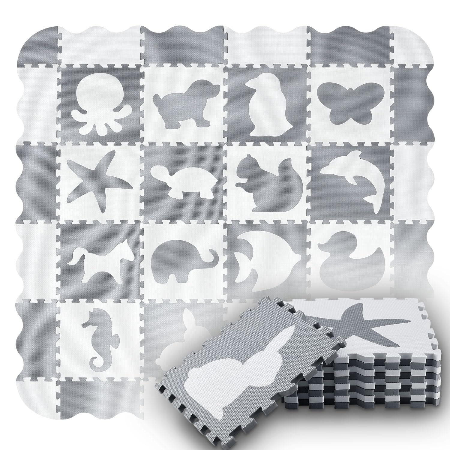Juskys Kinder Puzzlematte Timon 36 Teile mit 16 Tieren in grau weiß - rutschfest & abwischbar Puzzle ab 10 Monate - Eva Schaumstoff - Spielmatte