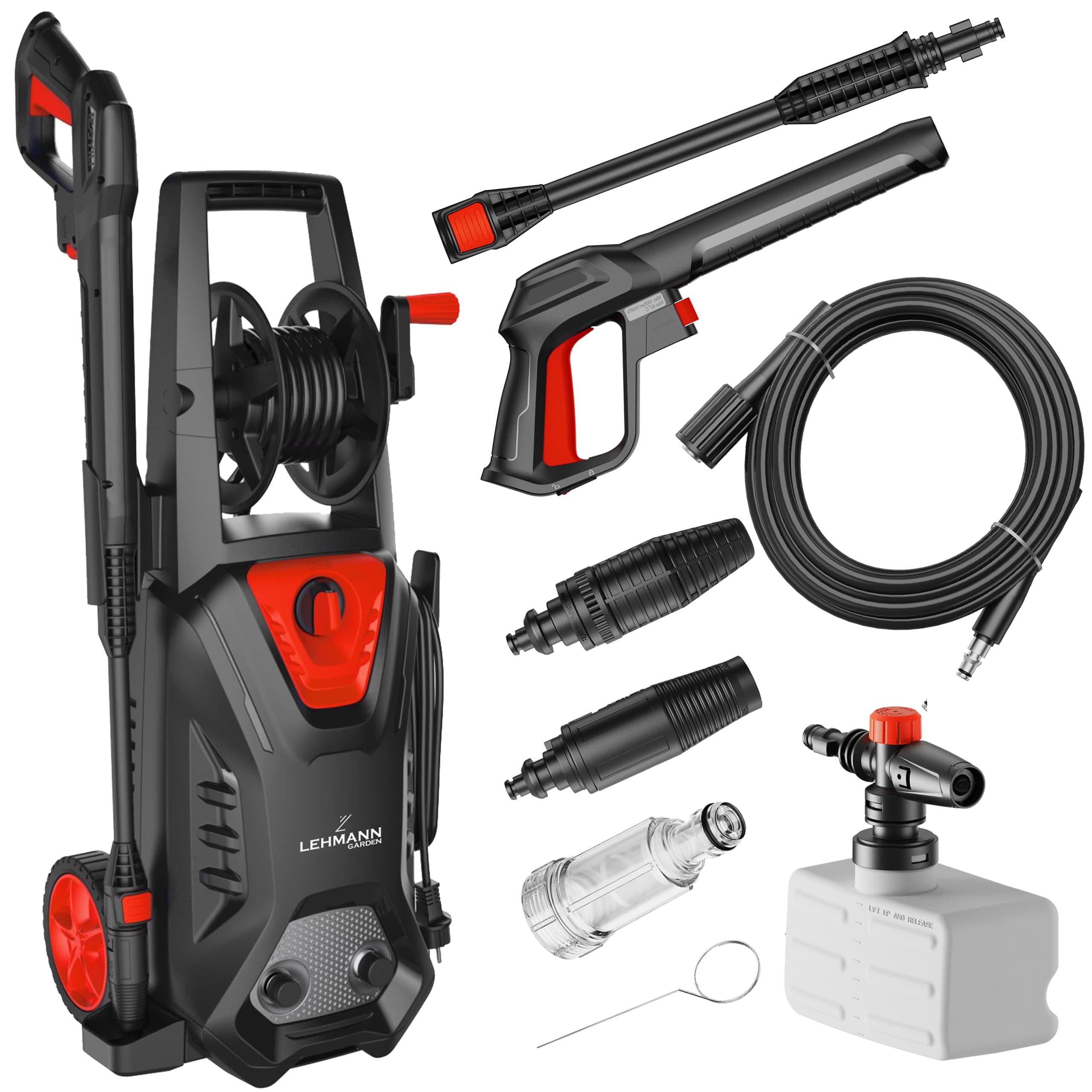 LEHMANN Hudson Idropulitrice Alta Pressione, 1800 W, Pressione Max. 220 Bar, Portata 450 l/h, Autoadescante, Pompa in Alluminio, Tubo da 5 m, Ideale per la Casa, Il Giardino e l'Auto