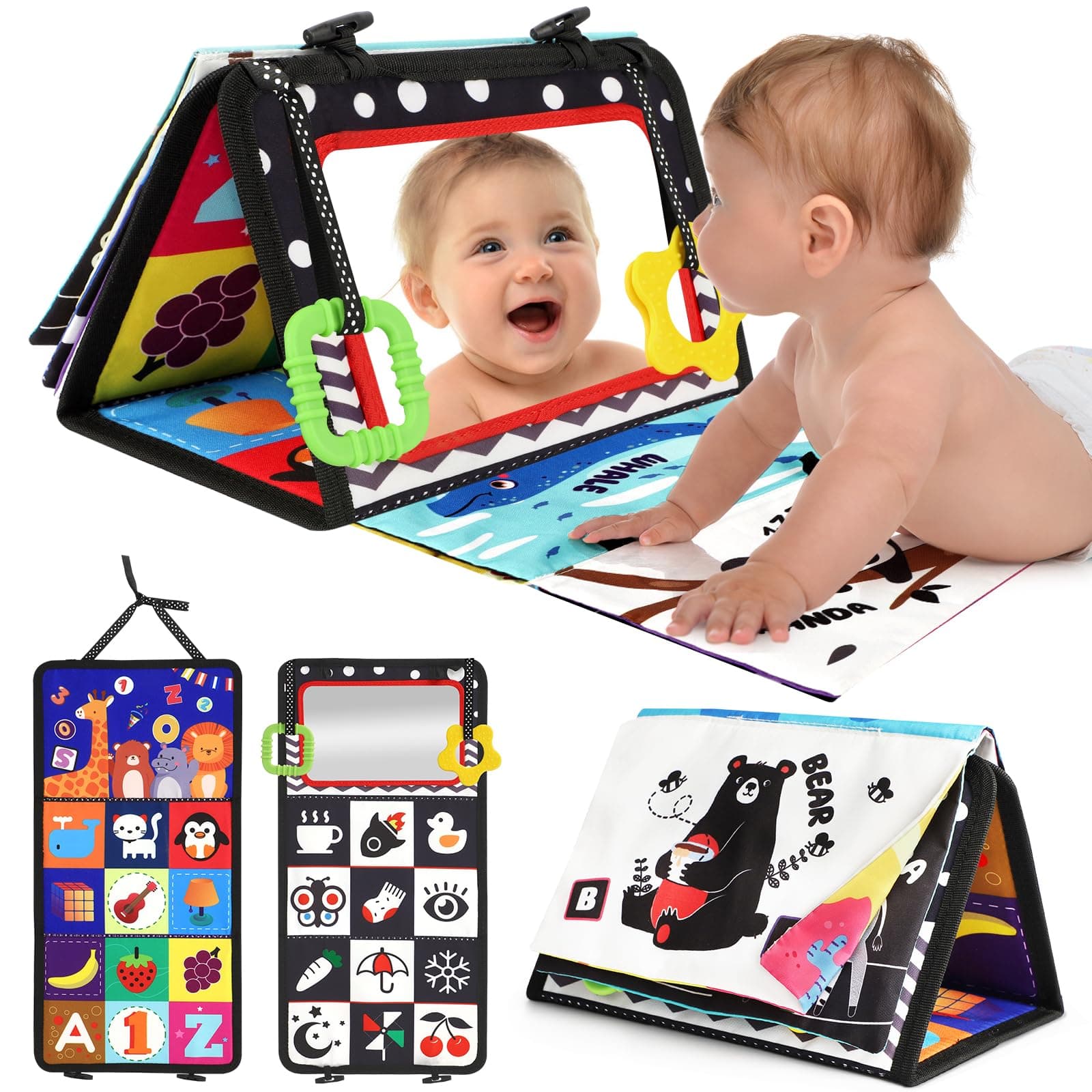 URMYWO Juguetes Bebés Libro Bebé Montessori Plegable Tummy Time con Espejo Mordedor y Patrones Contraste Blanco Negro - Bebés 0-12 Meses Niños Niñas