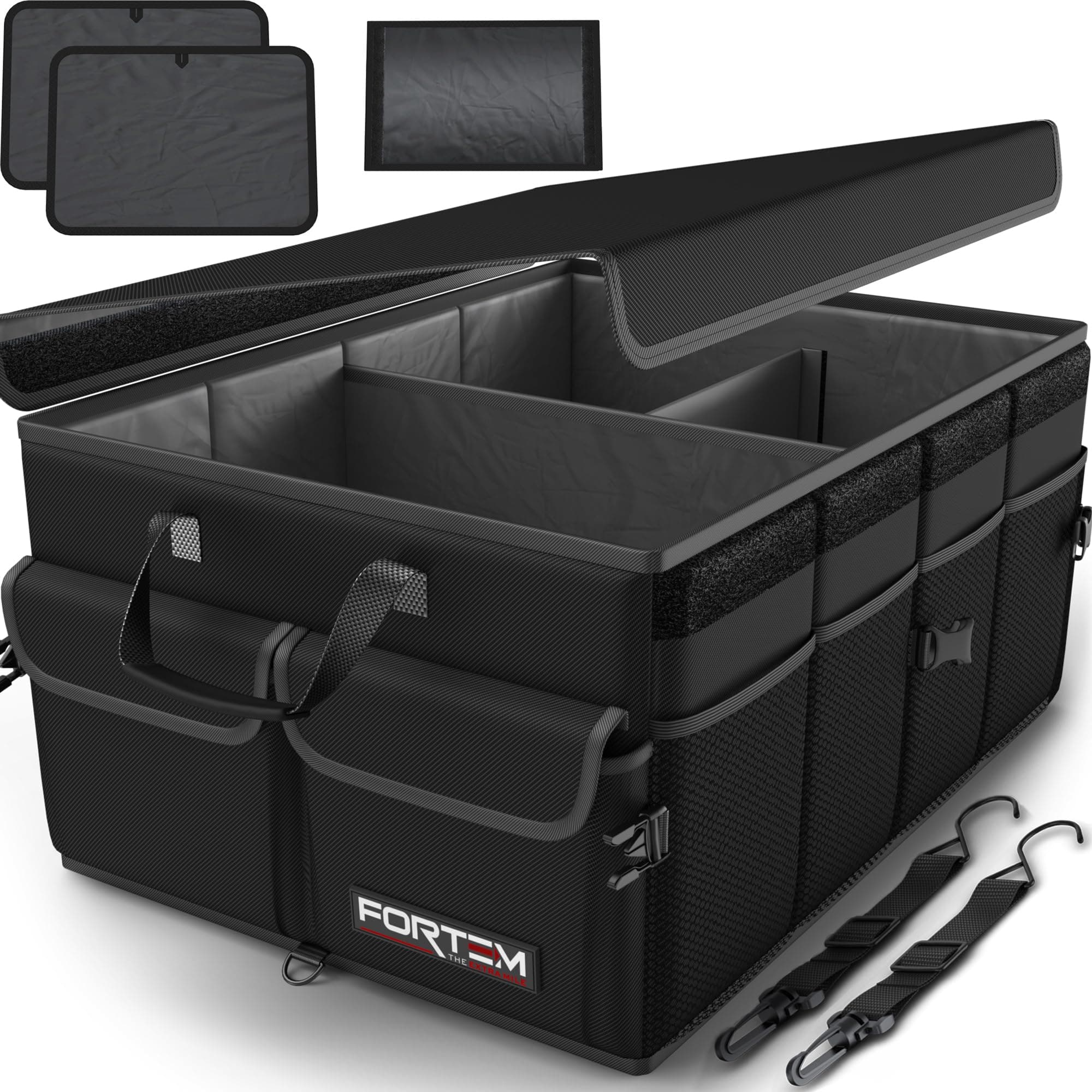 FORTEM Organizador Maletero Coche, Caja Plegable SUV con Compartimentos, Accesorios Auto Mujer Hombre, Tela Oxford 600D, Base Antideslizante, Correas Ajustables, Tapa Suave (50L)