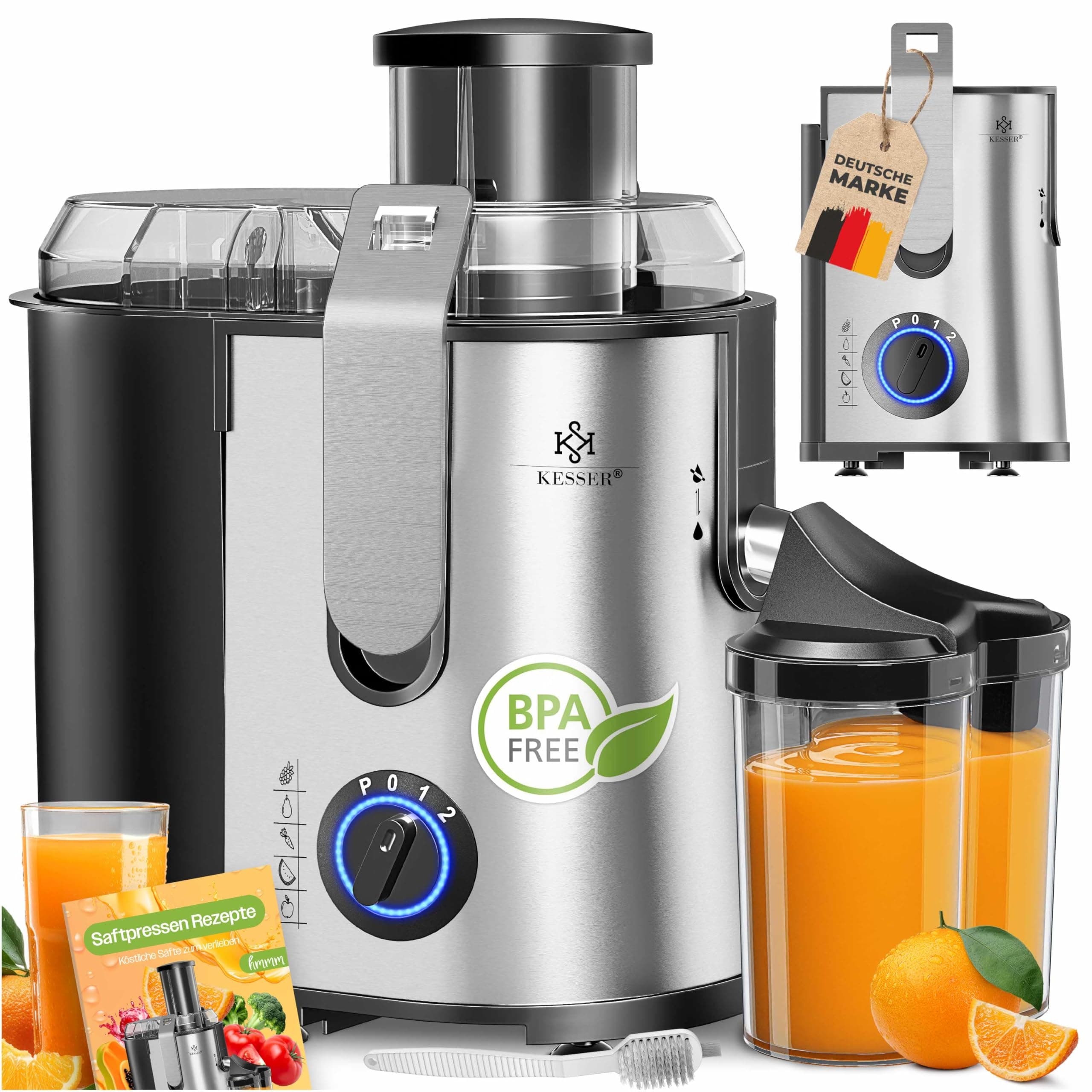 KESSER® Zentrifuge Entsafter für Obst | Gemüse aus Edelstahl 1100W, große Fütterungsröhre, 3 Stufen, Elektrische Zentrifugal Saftpresse Juicer + Bürste, Saftbehälter, Rezeptbuch, Grau/Silber