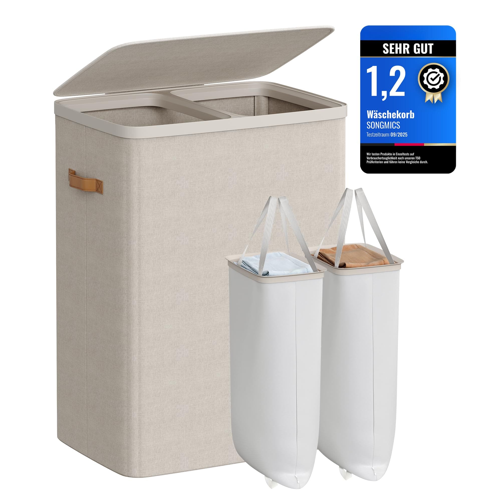 SONGMICS Wäschekorb, 170 L Wäschesammler 2 Fächer, Wäschesortierer, Leichter Aufbau, mit Deckel und Griffen, herausnehmbarer Wäschesack, 56 x 40 x 75 cm, cappuccinobeige LCB813L01