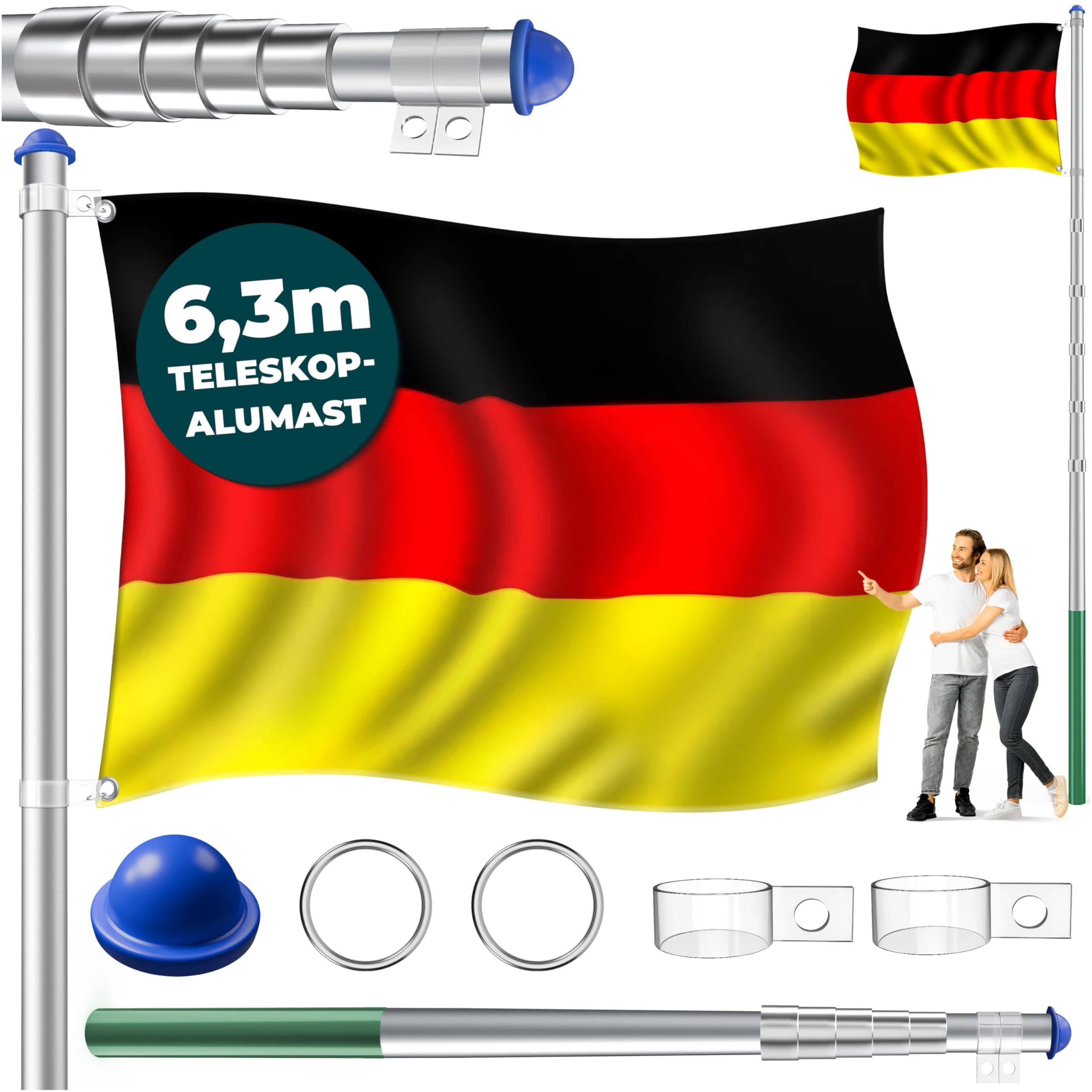KESSER® Teleskop Fahnenmast Aluminium 6,30m Bodenhülse 60cm inkl Deutschlandfahne Höhenverstellbar Flaggenmast Mast Deutschland Flagge Alu (Silber)