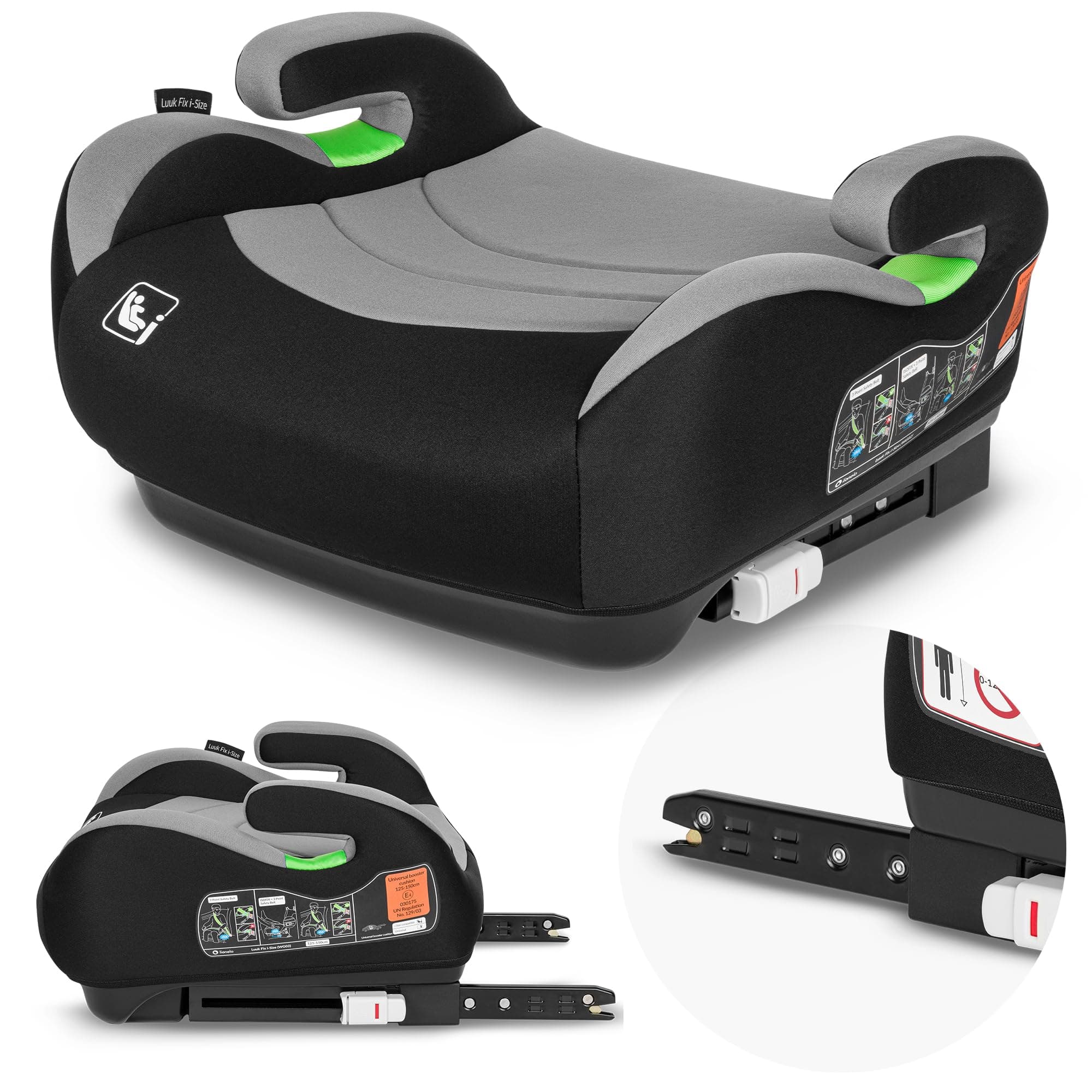 LIONELO Rialzo Auto per bambini LUUK FIX I-Size, Facile Installazione ISOFIX o/e cintura, 125-150 cm 22-36kg Leggero, Comodo, Indicatori, Schiuma Adattiva, Traspirante Lavabile, Car Booster, Braccioli