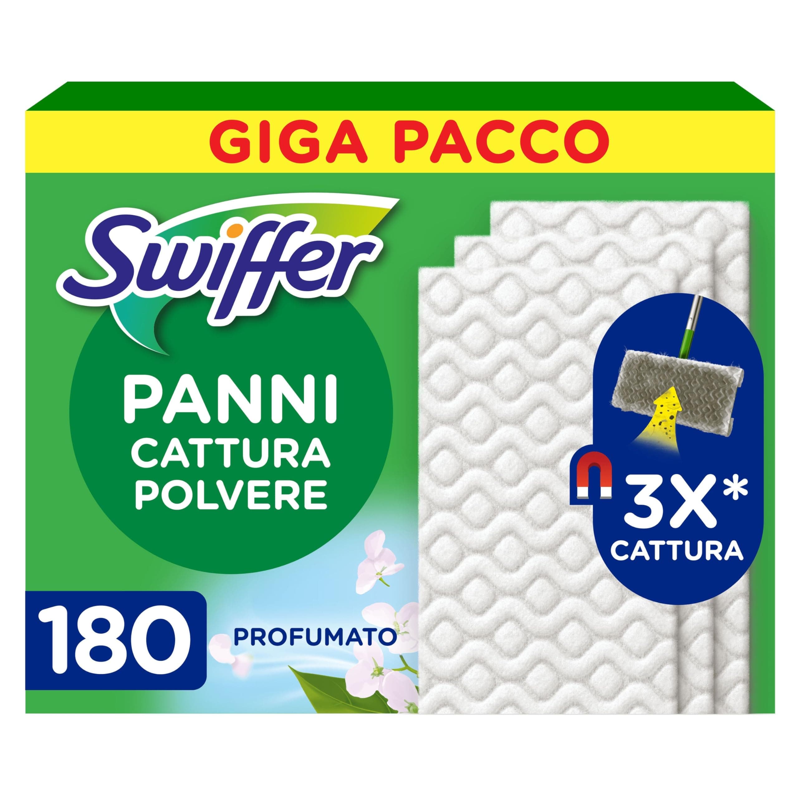 Swiffer Panni Cattura Polvere, 180 Panni Microfibra Dry, Cattura Polvere e Sporco, Ottimo per Tutti i Tipi di Pavimenti e per i Peli di Animali, Giga Formato