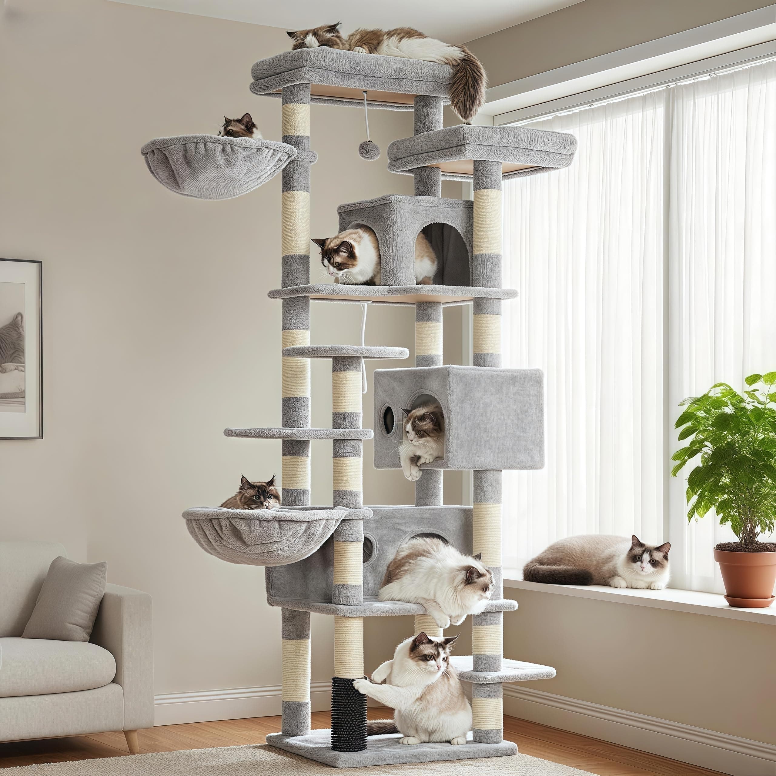 Hey-brother Árbol para Gatos Rascador XXL, Torre de Gatos Multi - Nivel de 188 cm de Altura,con 2 Grandes Plataformas, 3 Cuevas y 2 Cestas, Gris Claro 0EMPJ035-MW