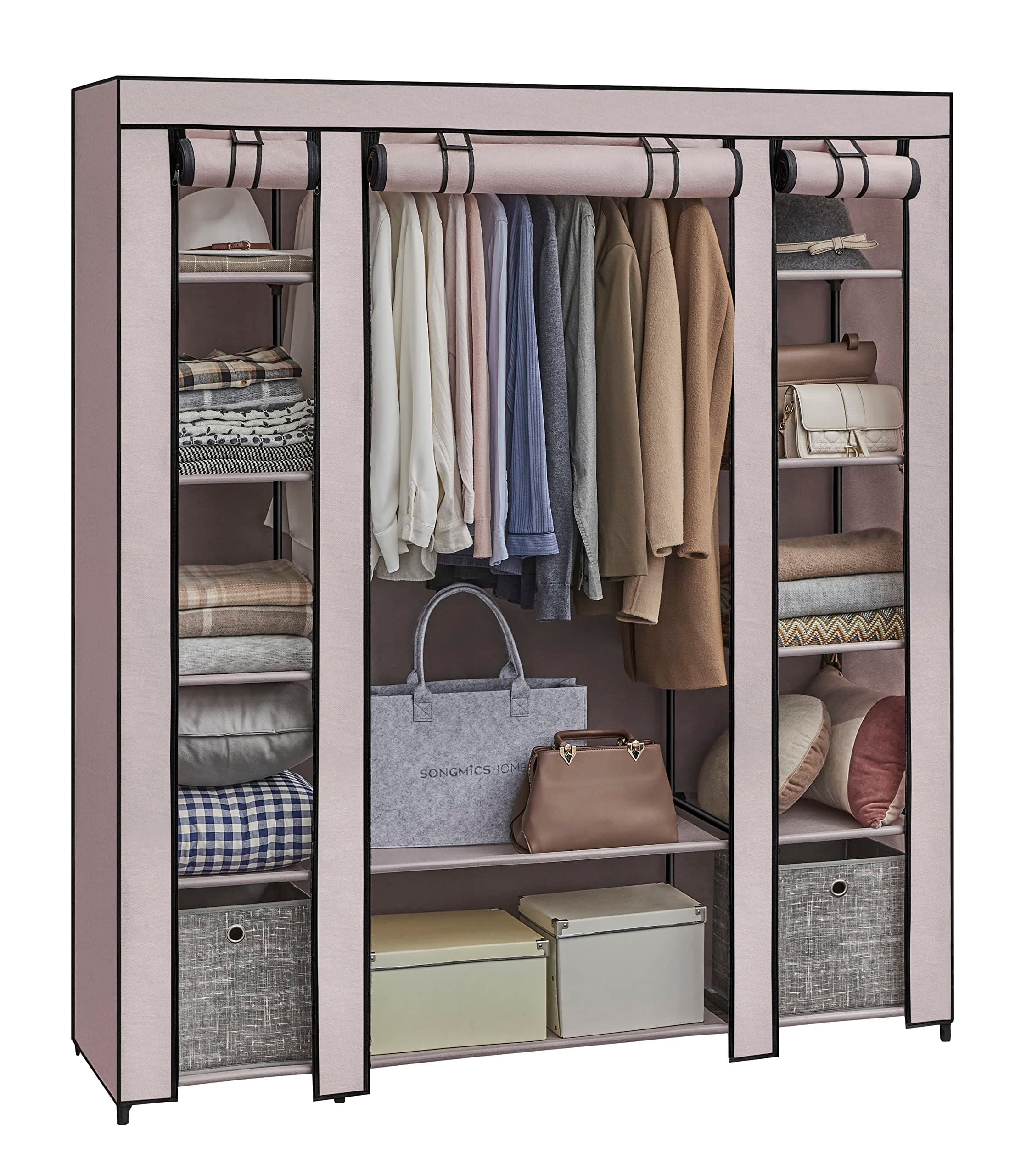 SONGMICS Armario de Tela, Armario Ropero con Cubierta de Tela no Tejida, 45 x 150 x 175 cm, 12 Compartimentos, Marco de Metal, Armario de Dormitorio, Rosa Empolvado LSF003P02