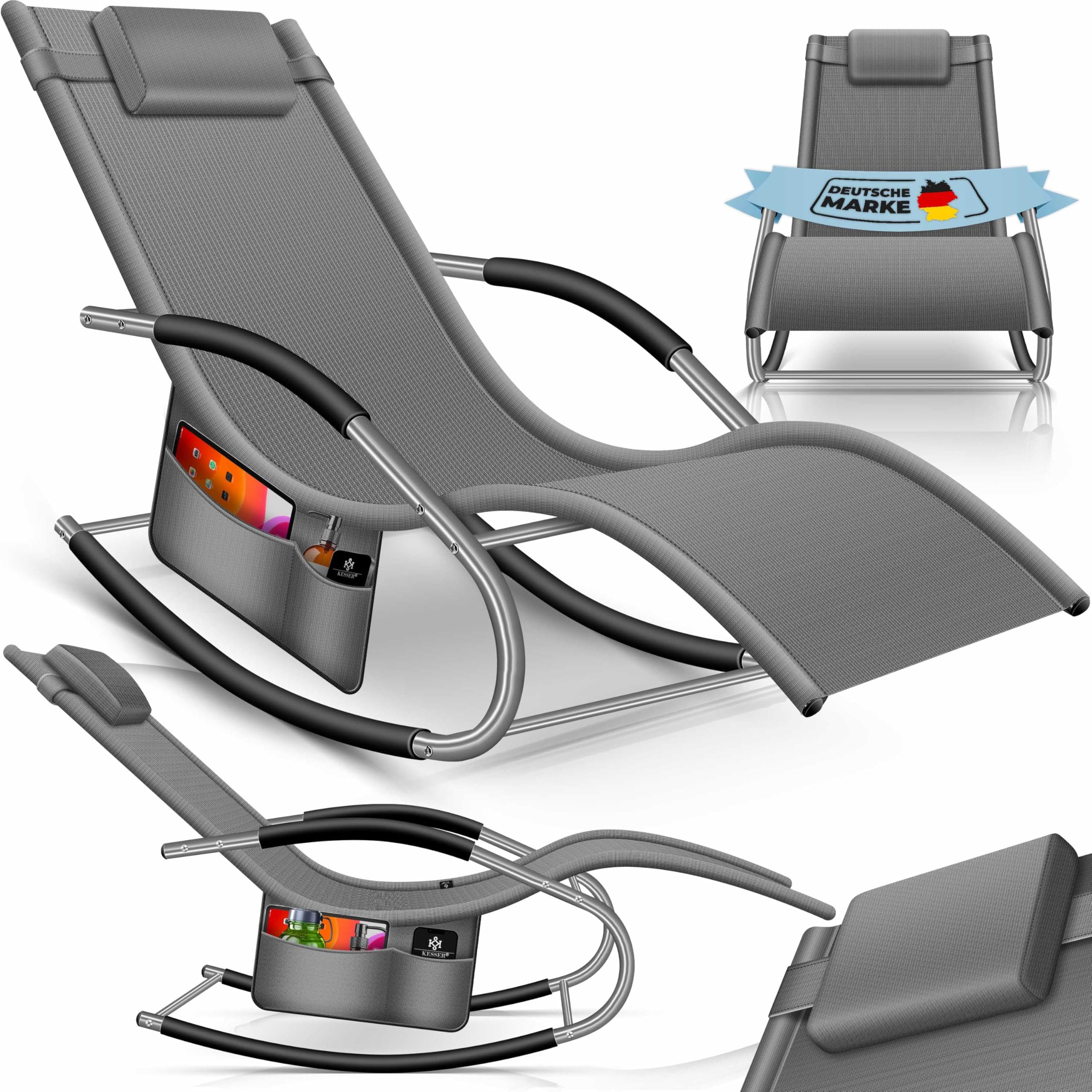 KESSER® Sonnenliege Relaxliege Schwungliege | Gartenliege | Gartenstuhl | Liegestuhl | Schaukelsessel | ergonomische Relaxsessel | Kopfkissen | wetterfest | 150 kg Belastung |Inkl. Seitentasche, Grau