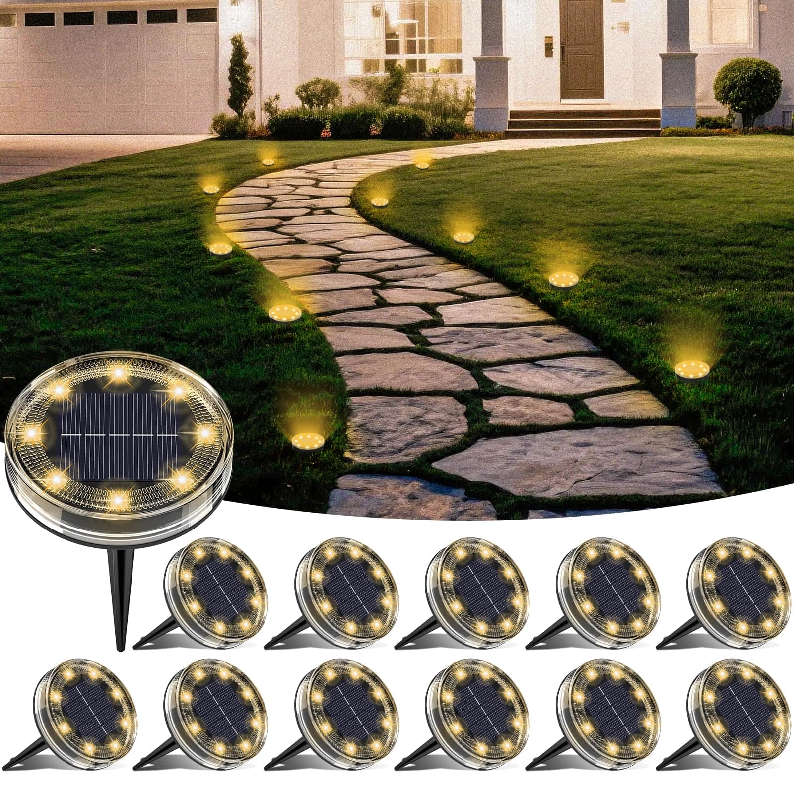 LOTMOS Lot de 12 Lampe Solaire Au Sol, 8 LED Lumiere Solaire Exterieur Jardin IP68 Étanche, Spot Solaire Extérieur pour Chemins Pelouse Terrasse Allée Cour Piscine Passerelle, Blanc Chaud