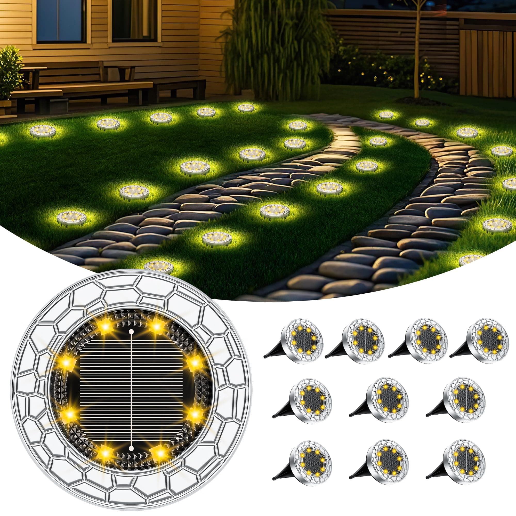 FIFlying 10 pezzi Luci Solari da Giardino, 8 LED Lampade Solare da Terra, Acciaio Inossidabile Bianco Caldo Faretti Sepolta Solari a Led da Esterno, per Prato, Vialetto, Marciapiede, Patio