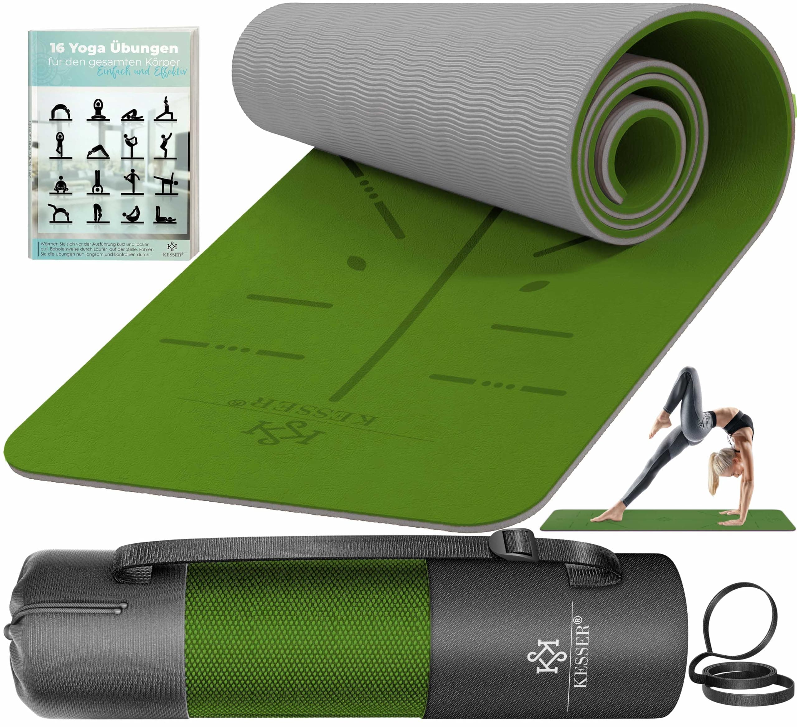 KESSER® Gymnastikmatte mit Tragegurt rutschfest TPE Yogamatte Gepolstert & rutschfest Fitnessmatte, 183 x 61 Trainingsmatte für Fitness Sportmatte, Pilates & Gymnastik Workout