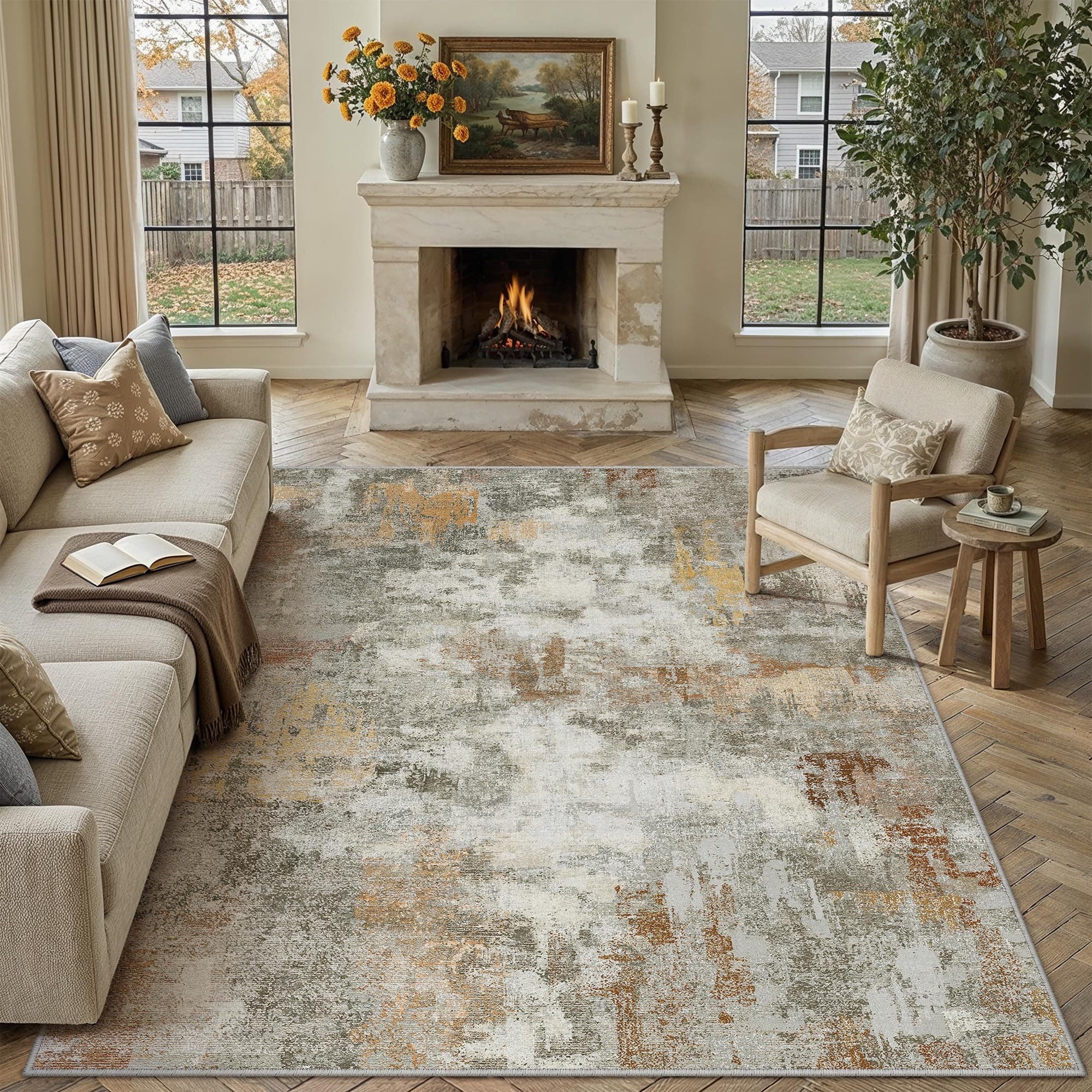 PureCozy Tappeto Salotto Moderno Astratto 200x300 cm Tappeti Grande Camera Da Letto, Tappeto Vintage Corridoio Antiscivolo Lavabile Pelo Corto per Soggiorno,Cucina, Ufficio, Interno,Arancione&Grigio