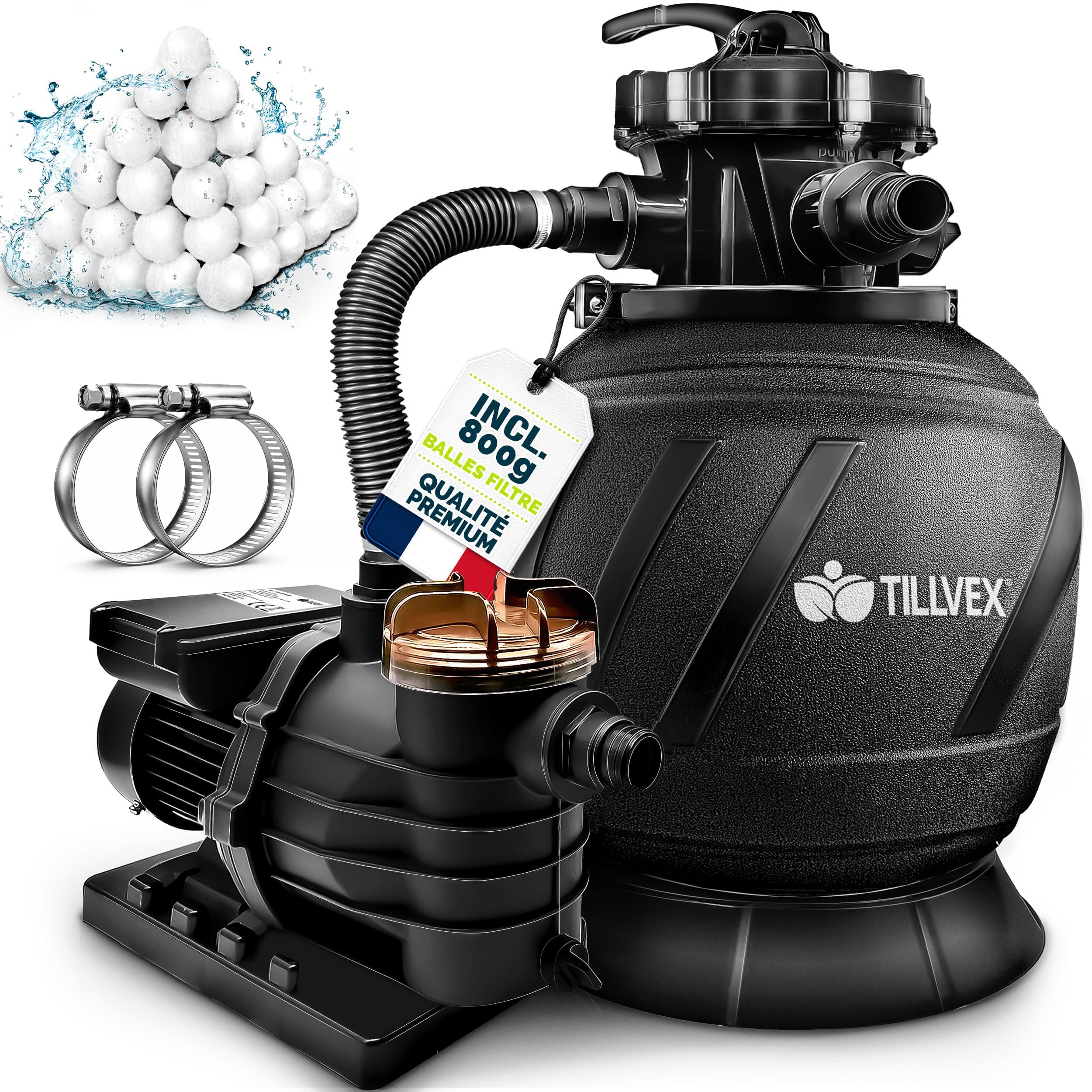 tillvex Système de Filtre à Sable 10m³/h + 800g Boules de filtre – 7 Fonctions | Filtre de Piscine avec indicateur de pression | Filtre à sable pour bassins & piscines (AquaBlack Pro)