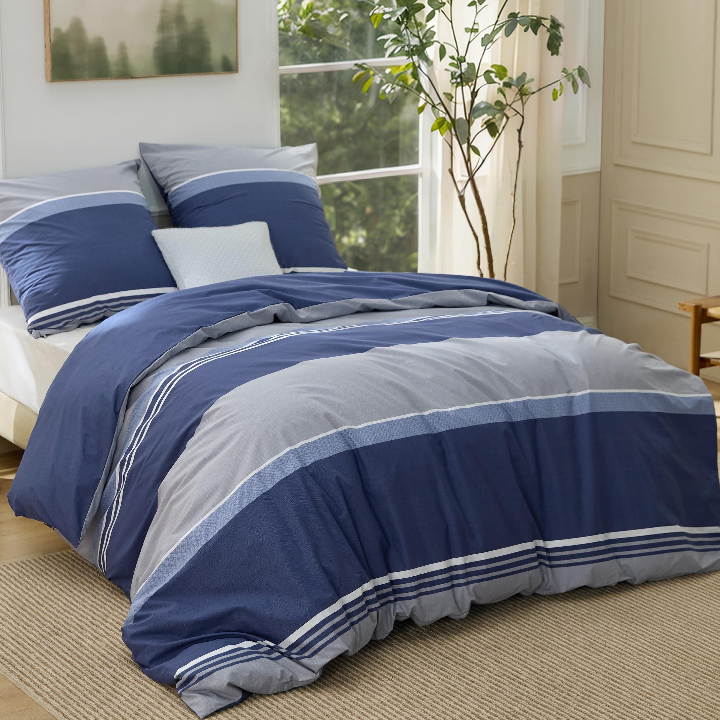 BEDSURE Bettwäsche 155x220 Baumwolle Bettbezug - Bettwäsche-Sets 155 x 220 cm 3teilig mit 2 Kissenbezüge 80x80 cm, ÖKO-TEX Wendebettwäsche Bedding Blaue Streifen mit Reißverschluss
