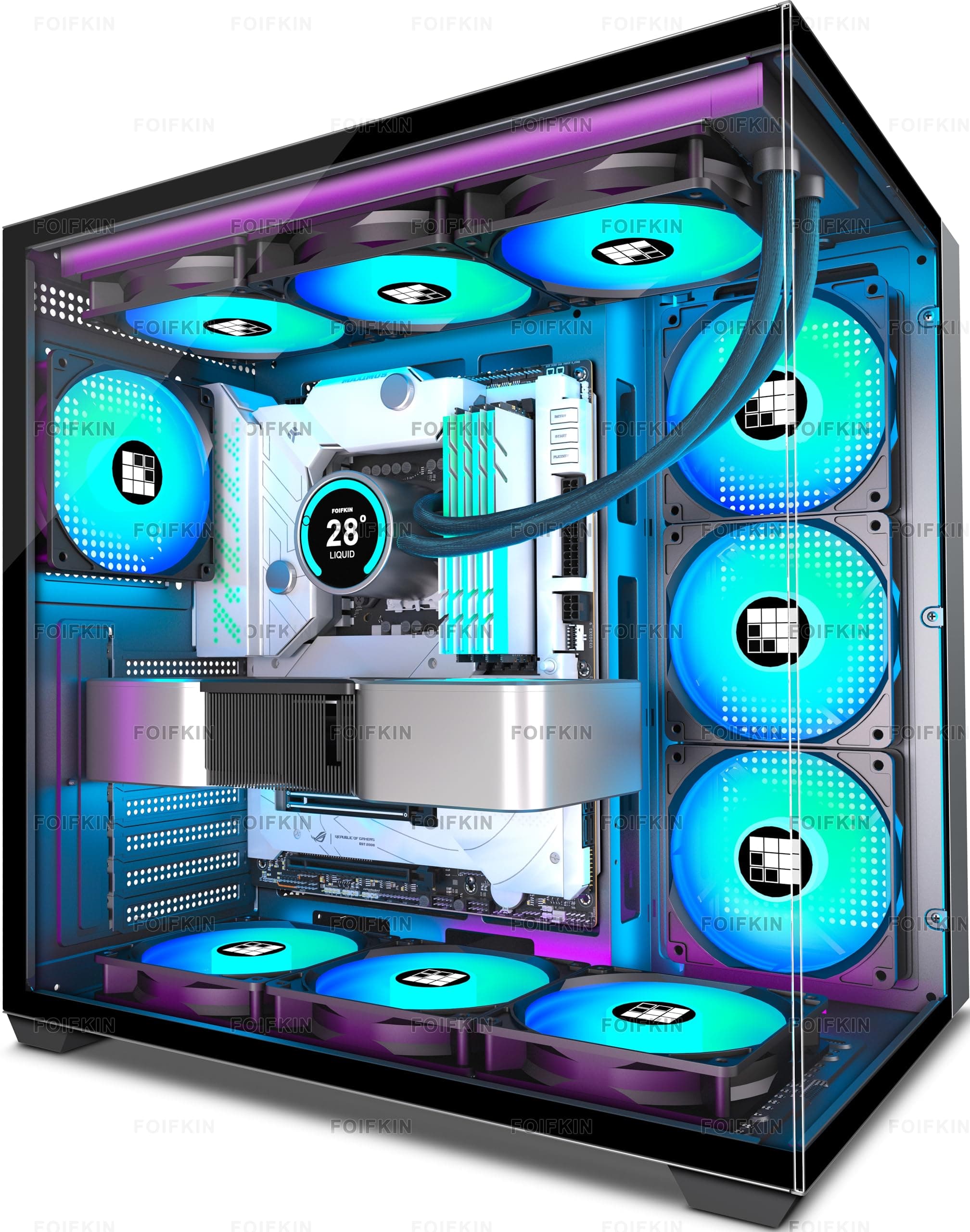 FOIFKIN F300-RGB Boitier PC - 7 Ventilateurs ARGB PWM préinstallés, boîtier de PC de Jeu ATX, Tour Moyenne ATX, Verre panoramique 270°,avec Type- C (Noir, F300-RGB) (Noir)