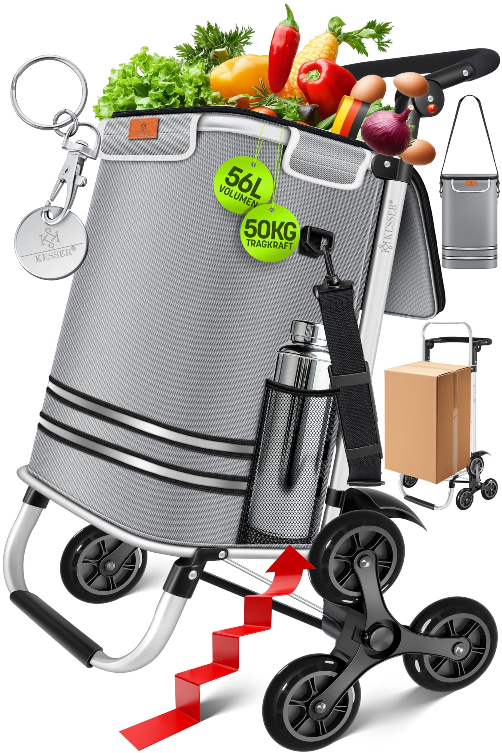 KESSER® Einkaufstrolley Treppensteiger mit Kühlfach klappbar mit 56L Kapazität und belastbar bis 50kg | 3in1 Trolley Sackkarre & Umhängetasche | Faltbarer Einkaufswagen inkl. Einkaufschip, Grau