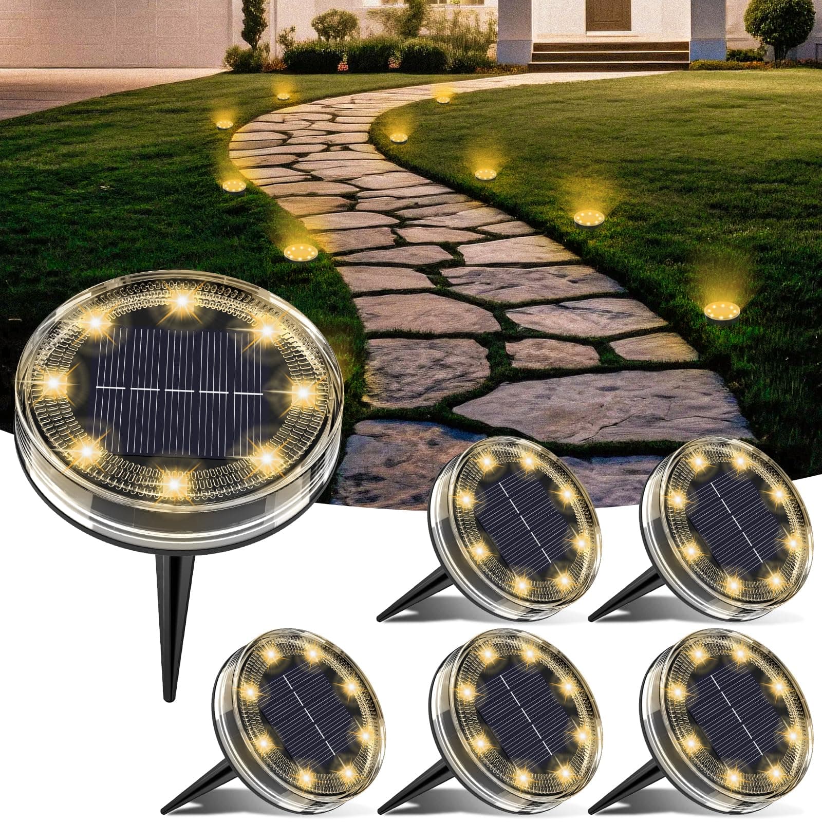 LOTMOS 6 Pezzi Luci Solari da Giardino, 8 LED Faretti Sepolta Solari a Led da Esterno IP68 Impermeabile, Lampade Luce Solare da Terra Decorazione per Cortile Vialetto Paesaggio Prato, Bianco Caldo