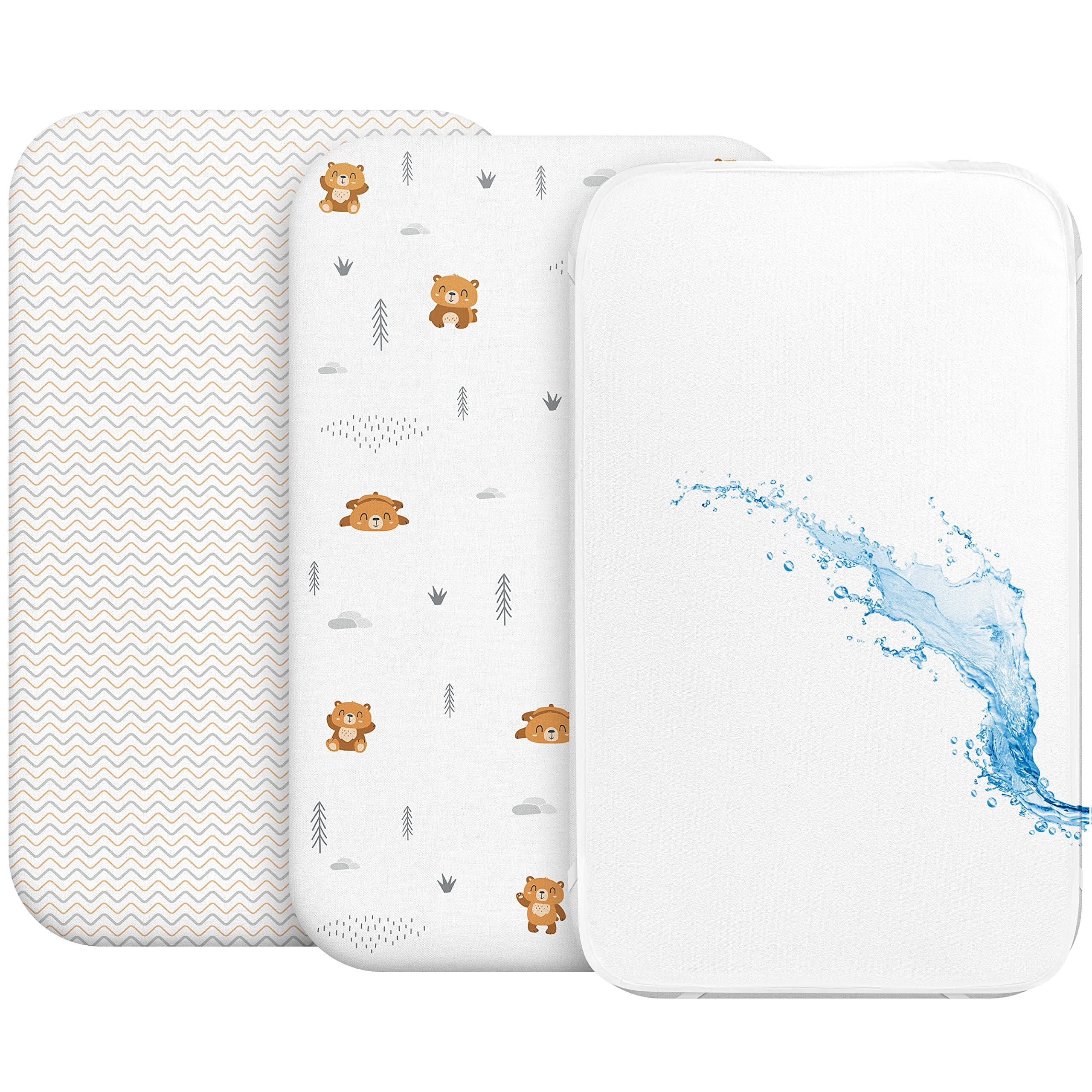 Drap Housse Cododo (Set de 2) + 1 Protège Matelas Impermeable avec Elastique - 3-en-1 - Taille 50x83 cm -Compatible avec Berceaux, Lit Matelas Cododo Bebe - pour Fille et Garçon - Motif Nounours