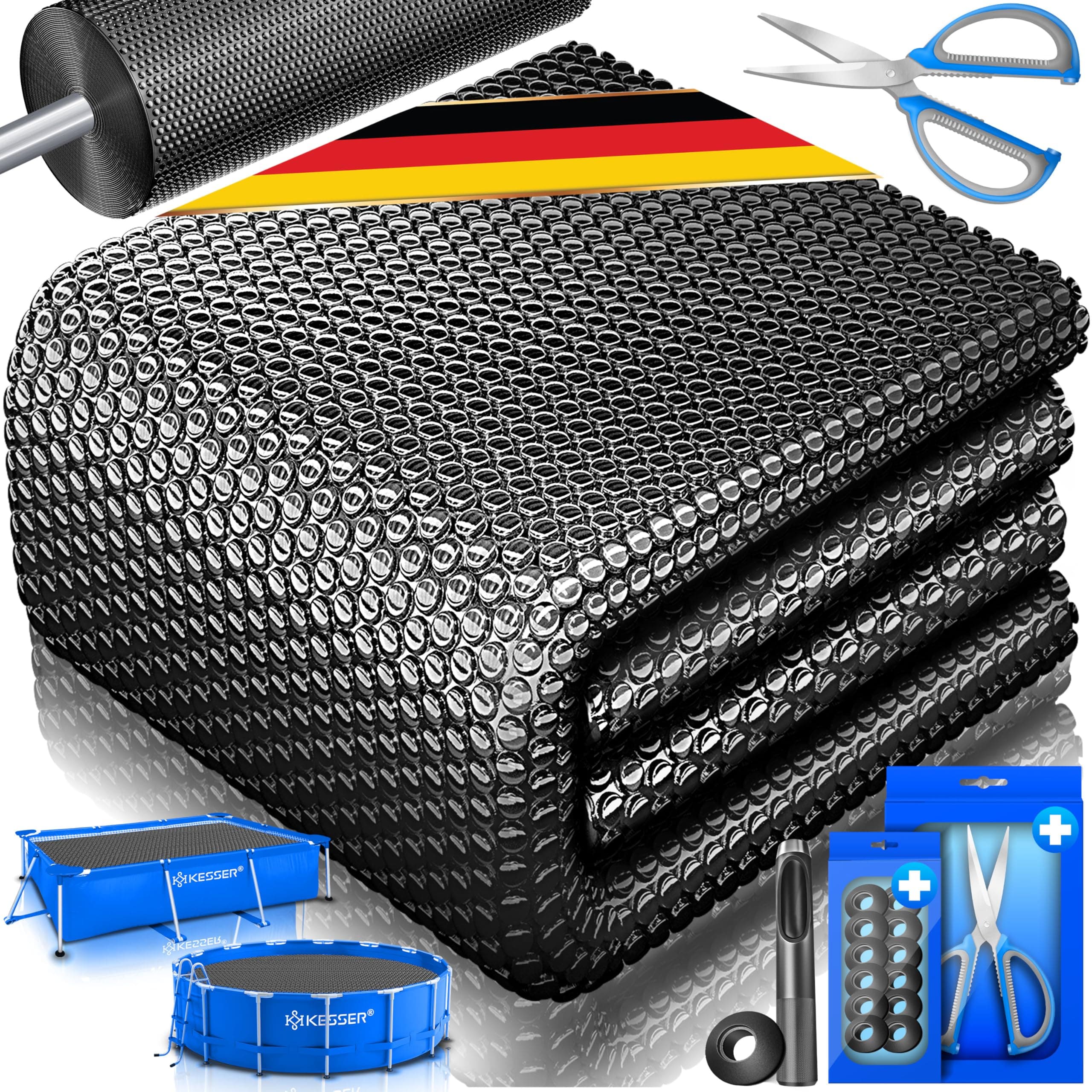 KESSER® Pool Solarfolie 400 µm | Solarplane Rund 457 cm Poolabdeckung | Solarabdeckplane flexibel zuschneidbar | Poolplane für Wassererwärmung | Solarabdeckung mit Schere, Lochzange & 12 Ösen