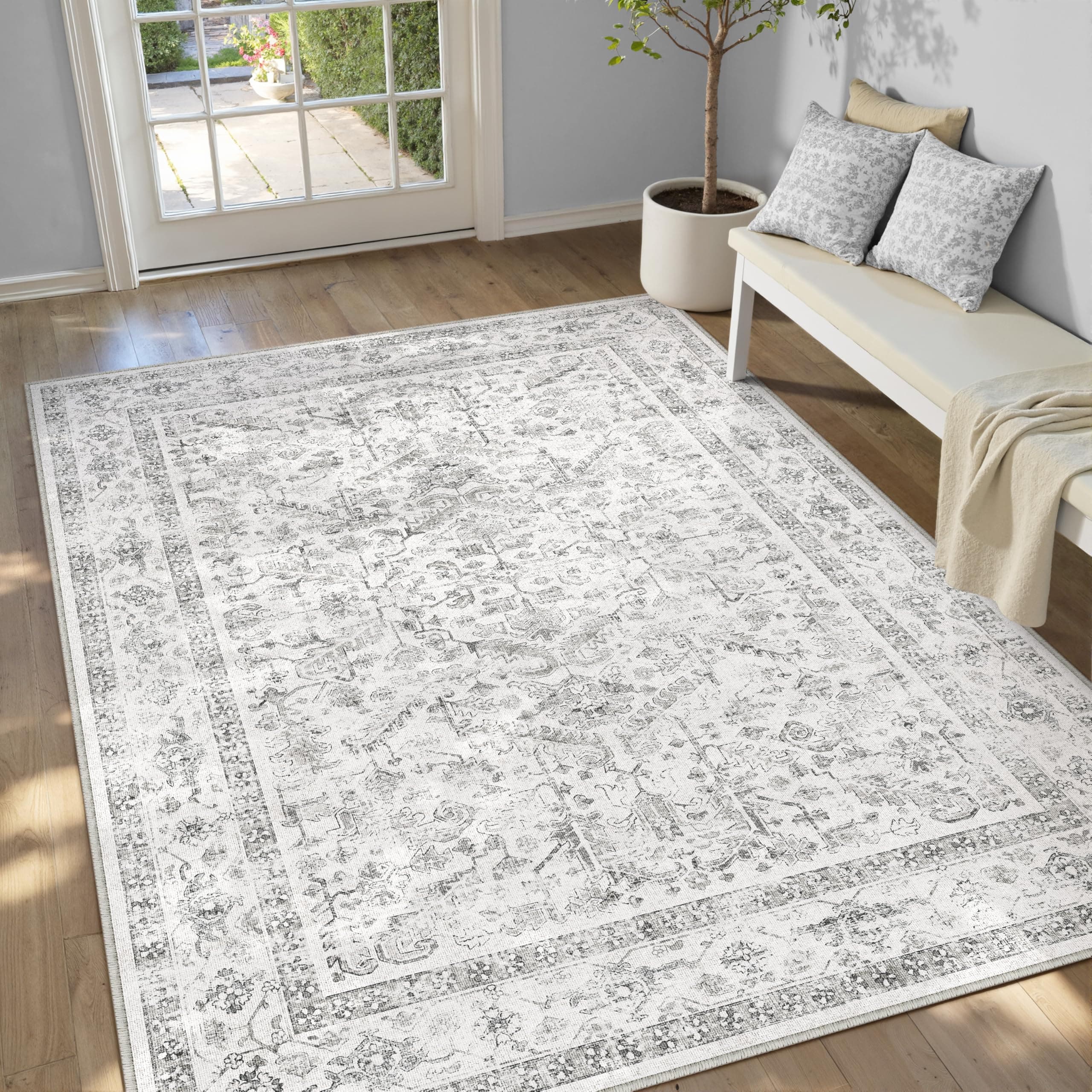 PureCozy Vintage Alfombra Salon 160x230cm Gris Habitacion Lavables en Lavadora Antideslizante Alfombras Sala Dormitorio Cocina Comedor Grande Carpet Pelo Corto Rug